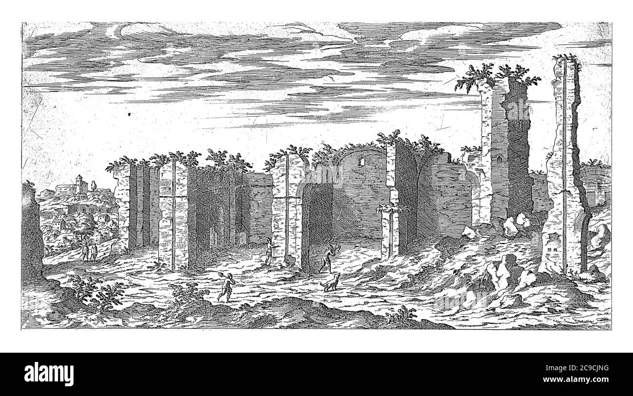Ruinen der Caracalla-Thermen in Rom, Etienne Duperac, 1575 Ansicht der Ruinen der Caracalla-Thermen in Rom, Vintage-Gravur. Stockfoto