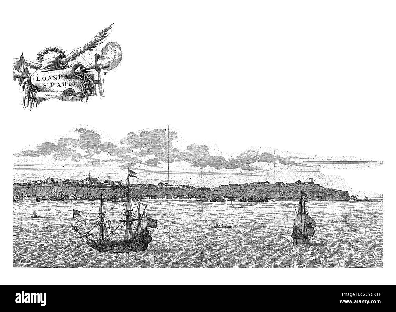 Blick auf Luanda (Sao Paulo de Luanda) in Angola (rechte Hälfte), c. 1641. Rechte Platte eines großen Gemäldes auf zwei Platten gedruckt, Vintage-Gravur. Stockfoto