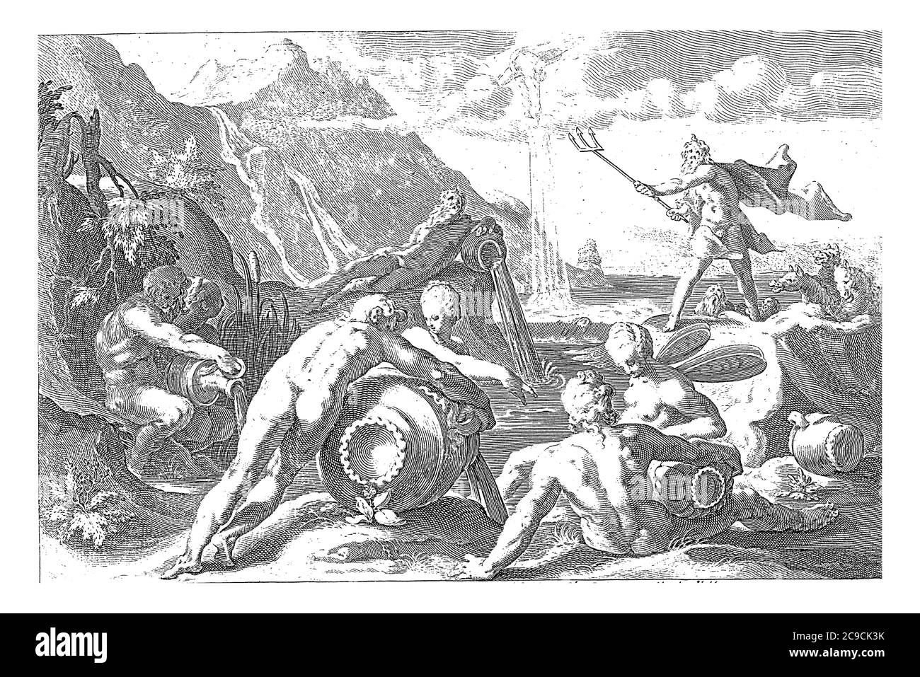 Neptun steht in einer bergigen Küstenlandschaft, sticht seinen Dreizack auf das Gesicht der Erde und treibt einen Körper Wasser aus dem Meer, vintage eng Stockfoto