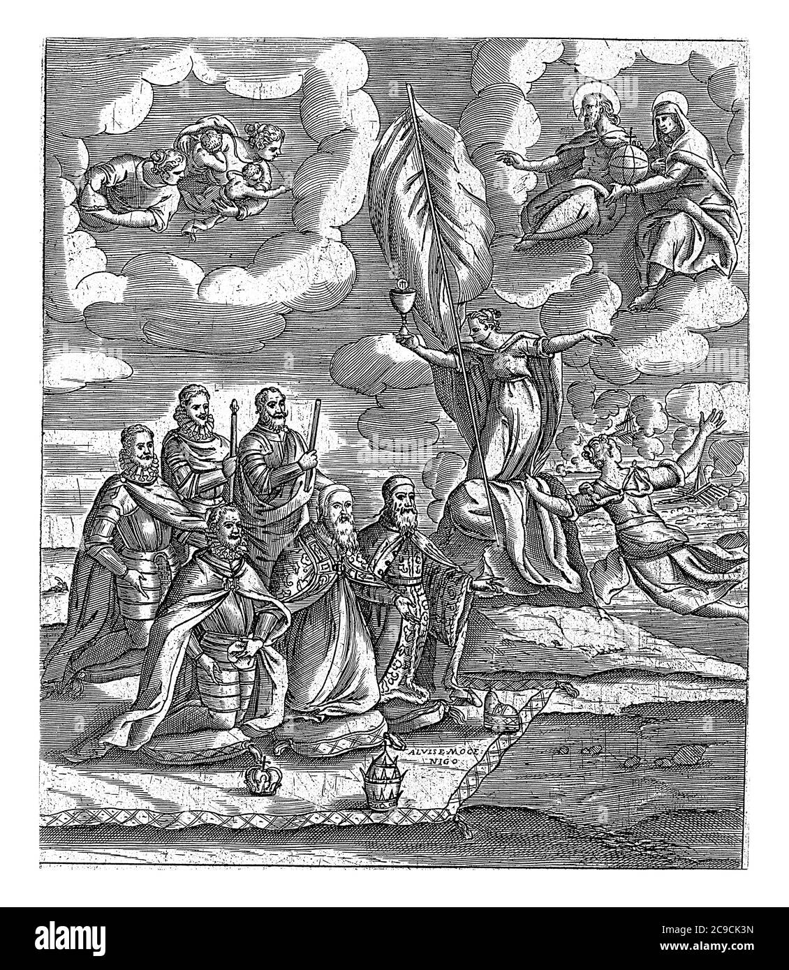 Papst Pius V., König Philipp II., Doge Alvise I. Mocenigo, Admiral und später Doge Sebastiano Vernier, Commander Marcantonio Colonna und Armeekommandant Don J. Stockfoto