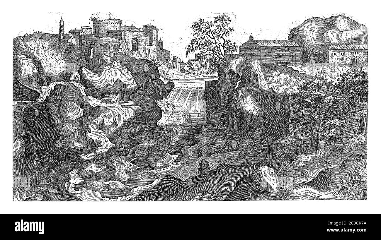 Blick auf den Tiber in der Nähe von Tivoli. Mitten in der Landschaft ein Wasserfall. Links Tivoli. Im unteren Rand zwei Zeilen Text in Italienisch, vinta Stockfoto