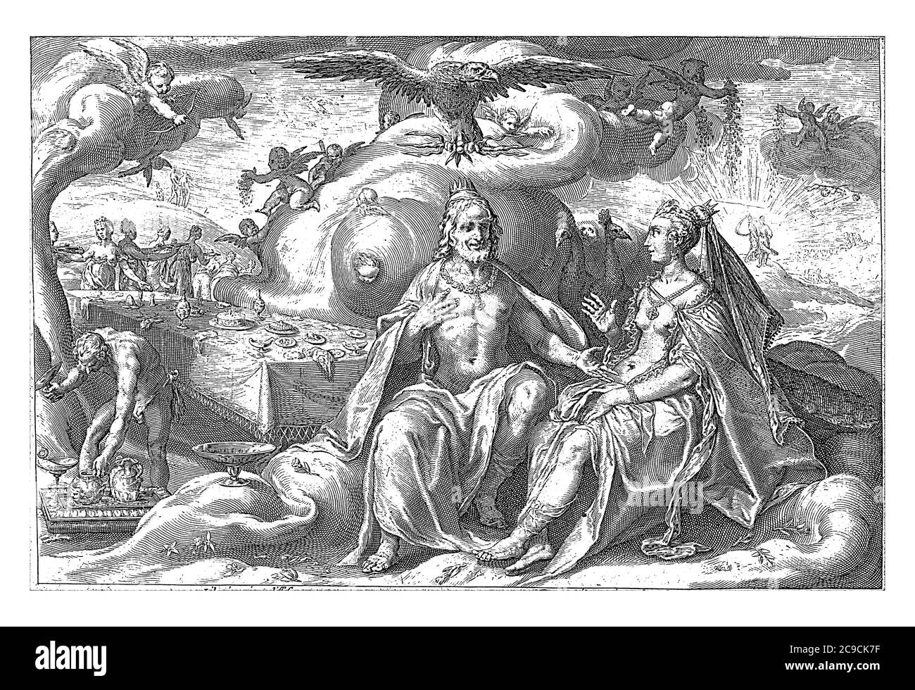 Jupiter und Juno sitzen Seite an Seite, vor einem langen Tisch, der gerade geklärt wird, und diskutieren die Frage, welches der Geschlechter ein größeres l hat Stockfoto