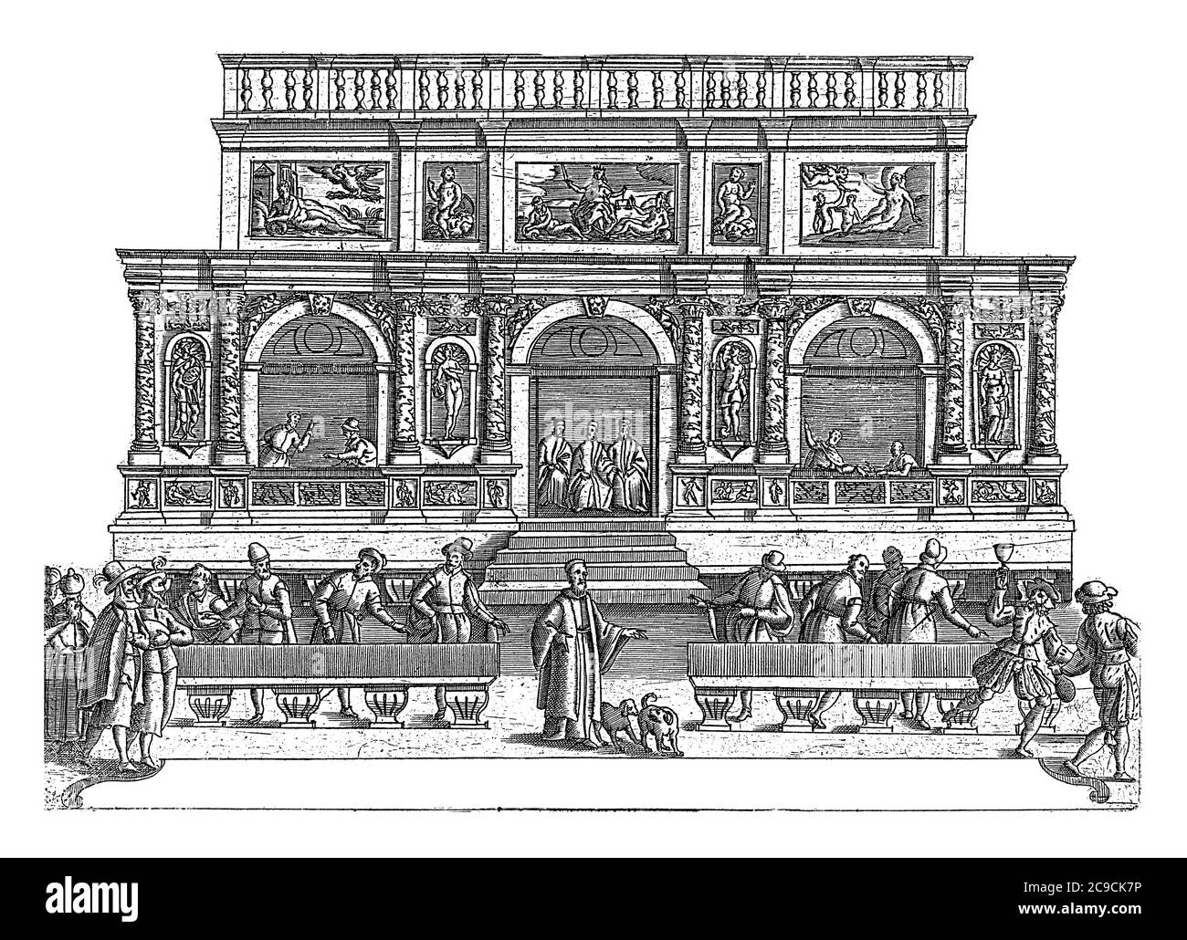 Loggetta del Sansovino auf dem Markusplatz in Venedig, anonym, 1610 die Loggetta del Sansovino mit Figuren aus der Commedia dell'arte in der Stirn Stockfoto
