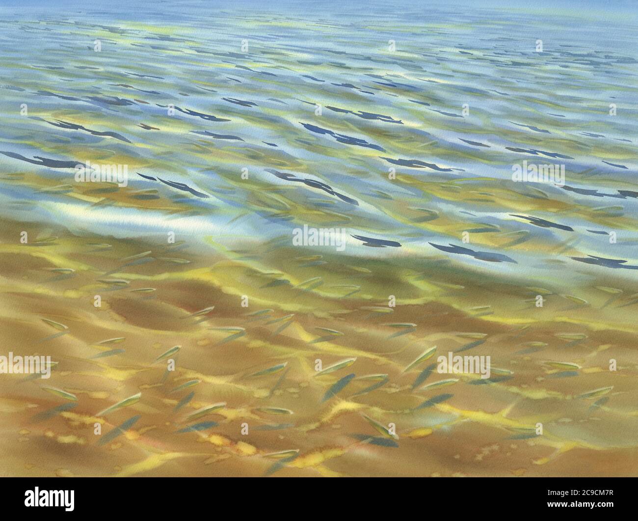 Sonnige Wasser mit transparenten Wellen Aquarell Hintergrund Stockfoto