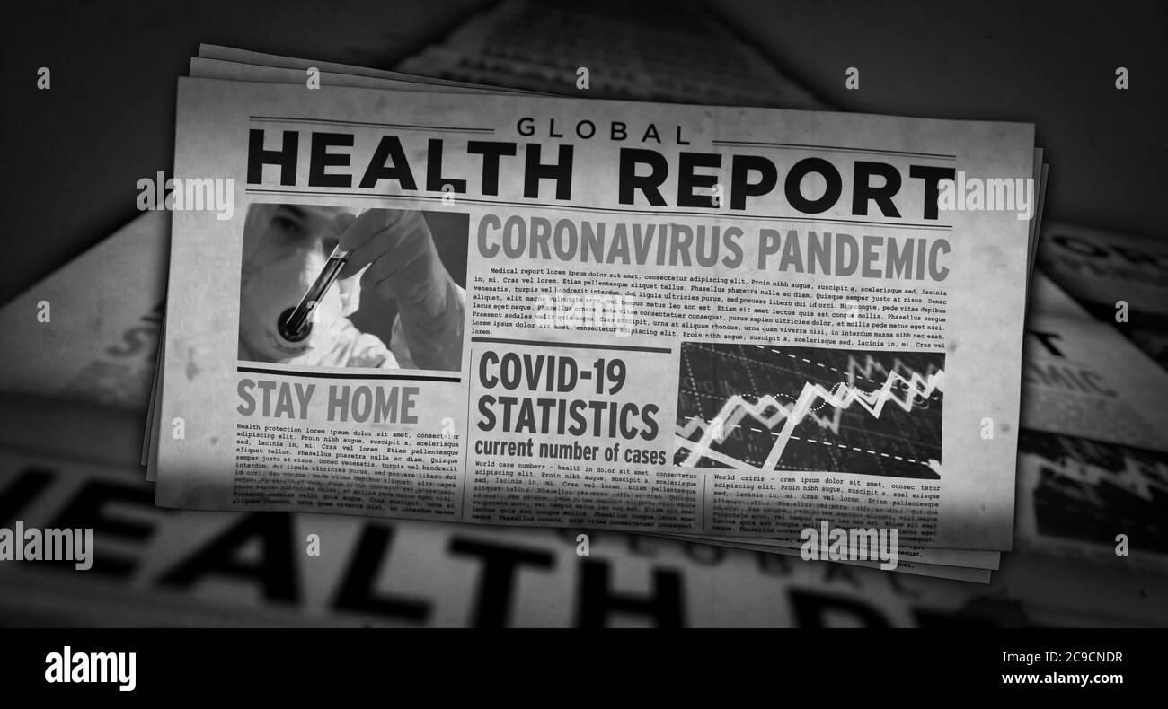 Covid-19 Virus Gesundheitsbericht, globale Coronavirus Pandemie und Virus Krise News. Täglicher Zeitungsdruck. Vintage Papier Medien Presse Produktion abstrakt Stockfoto
