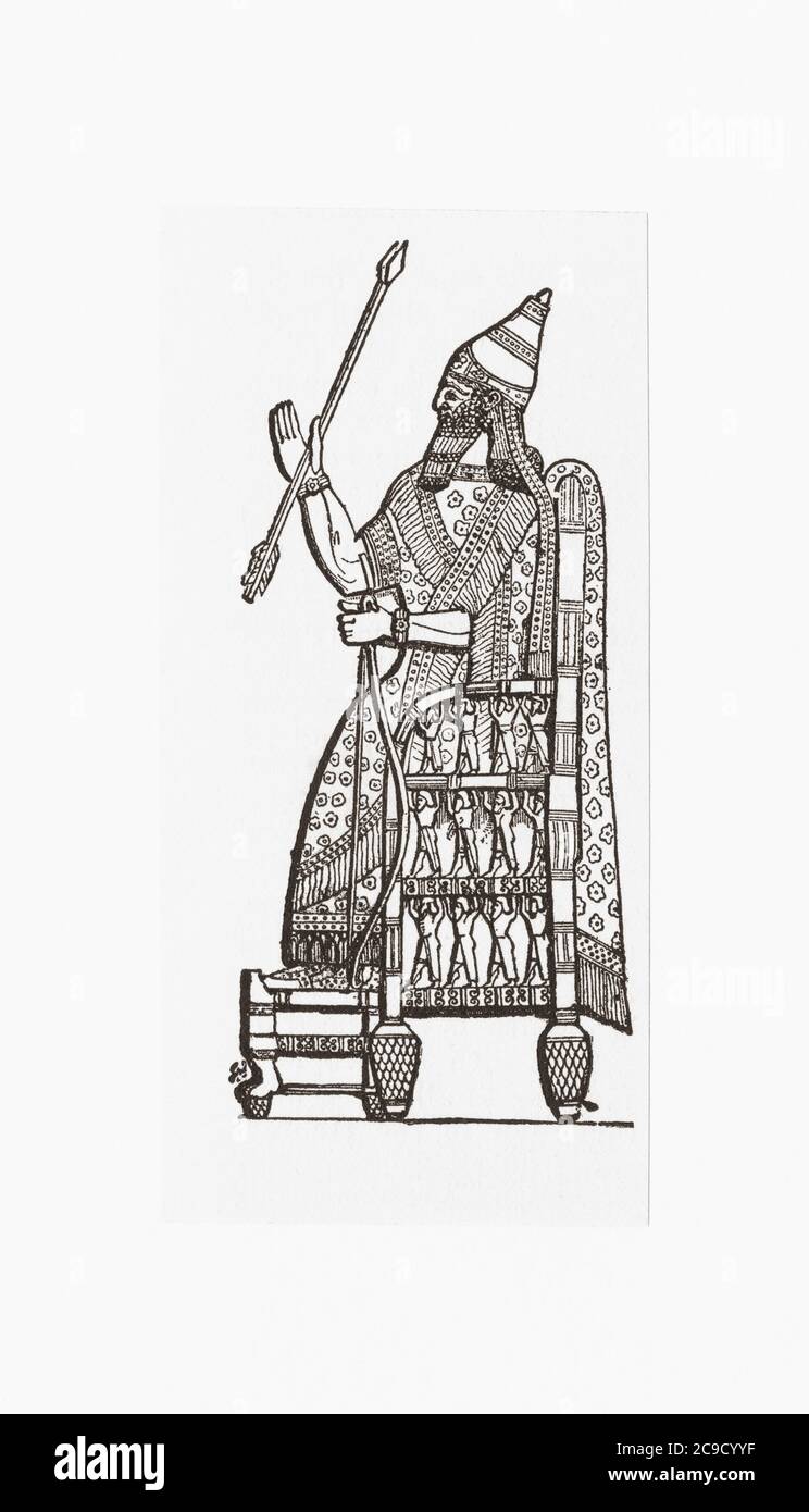 Sanherib, ca. 745 v. Chr. - 681 v. Chr. König des neo-assyrischen Reiches. Hier auf seinem Thron sitzend gesehen. Nach einer Illustration eines unbekannten Künstlers in der Weltgeschichte des Historikers, erschienen 1908. Stockfoto