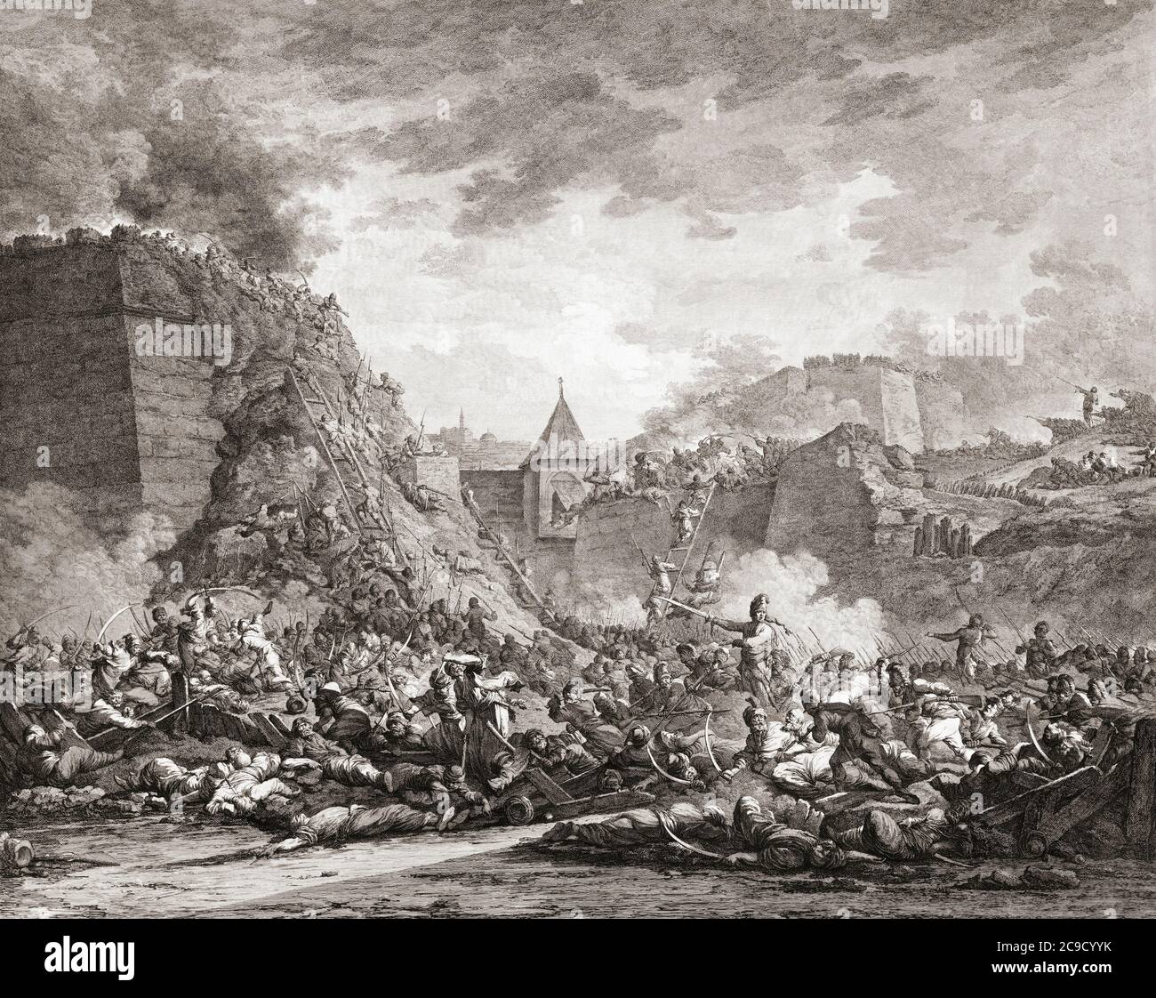 Russische Truppen stürmten die Festung Otschakow (heute Otschakow, Ukraine) unter der Führung von Fürst Grigori Potemkin und Alexander Suworow während der zweiten Belagerung Otschakow, 1788, im russisch-türkischen Krieg von 1787 - 1792. Stockfoto