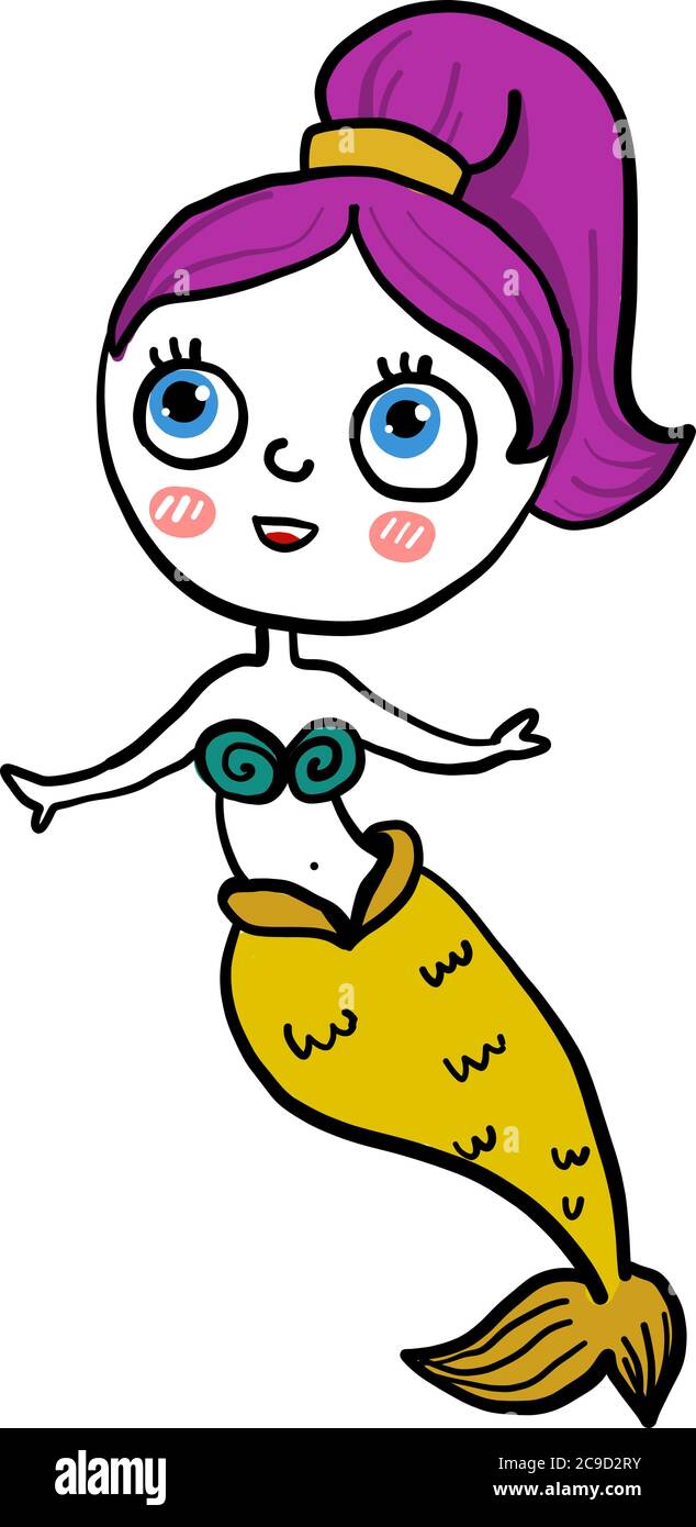 Meerjungfrau mit violettem Haar, Illustration, Vektor auf weißem Hintergrund Stock Vektor