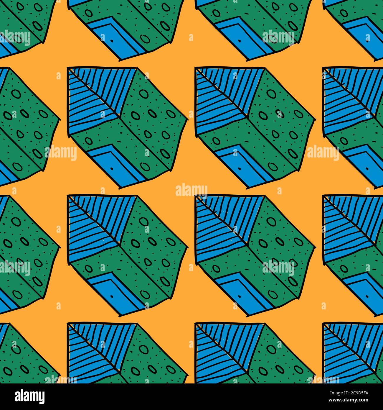 Feenschwanz Haus, nahtlose Muster auf orangefarbenem Hintergrund. Stock Vektor