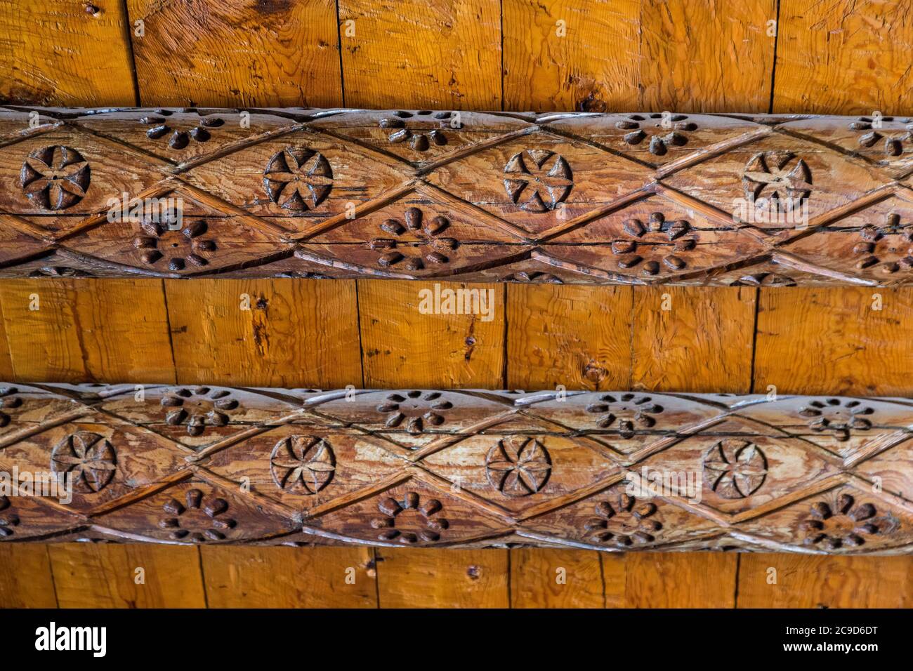 Ciudad Juarez, Chihuahua, Mexiko. Innendecke Dekoration, Mission unserer Lieben Frau von Guadalupe, 17. Jahrhundert. Stockfoto