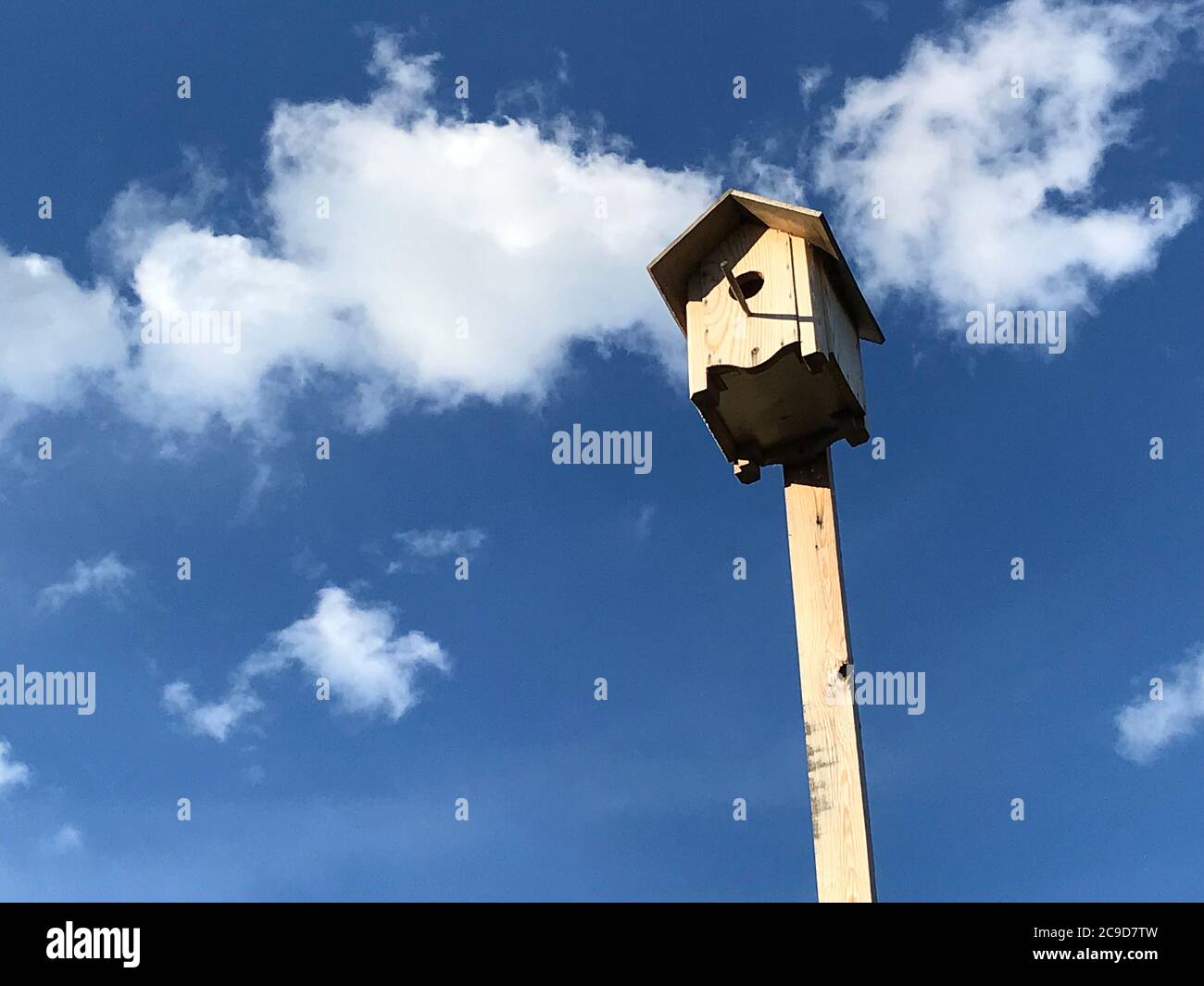 Vogelhaus auf dem Hintergrund des Himmels. Nistkasten aus Holz Stockfoto