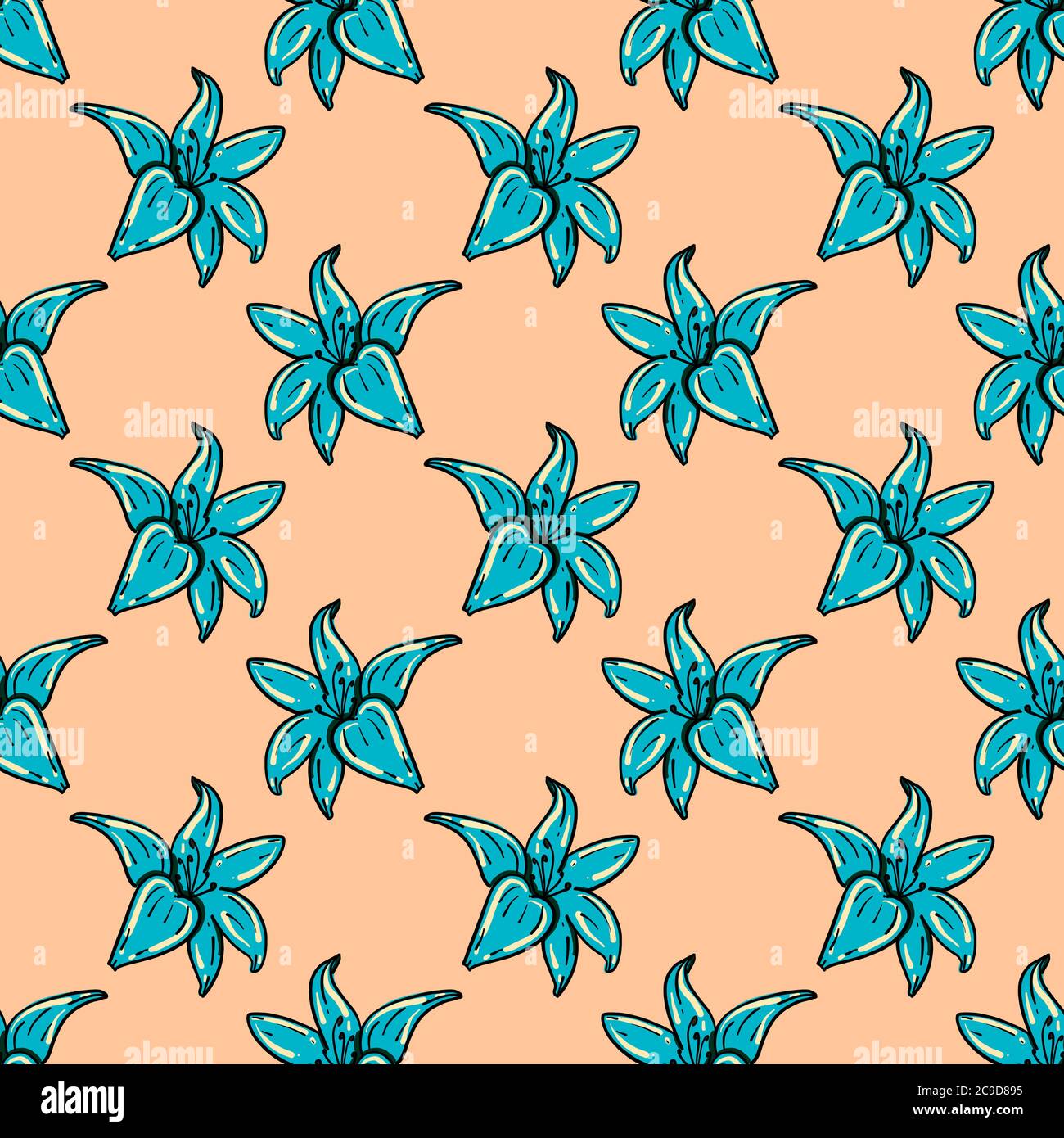 Blaue Blumen, nahtloses Muster auf beigem Hintergrund. Stock Vektor