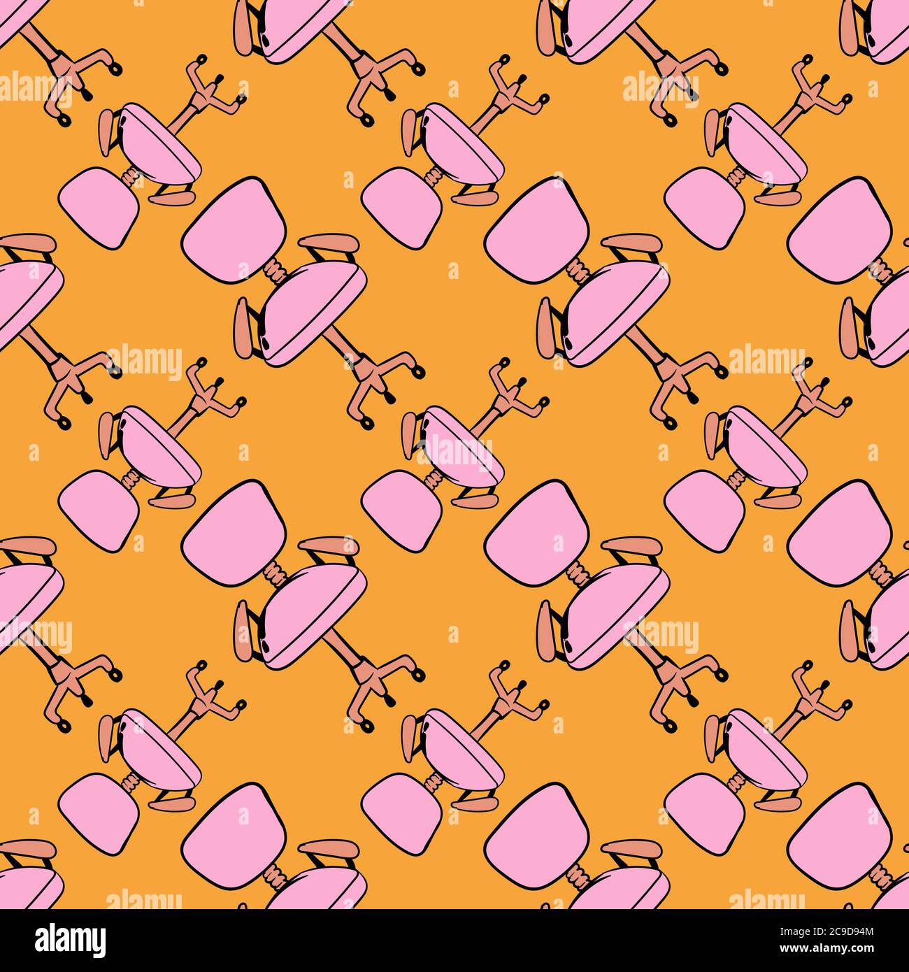 Rosa Stuhl mit Rädern, nahtlose Muster auf orangefarbenem Hintergrund. Stock Vektor