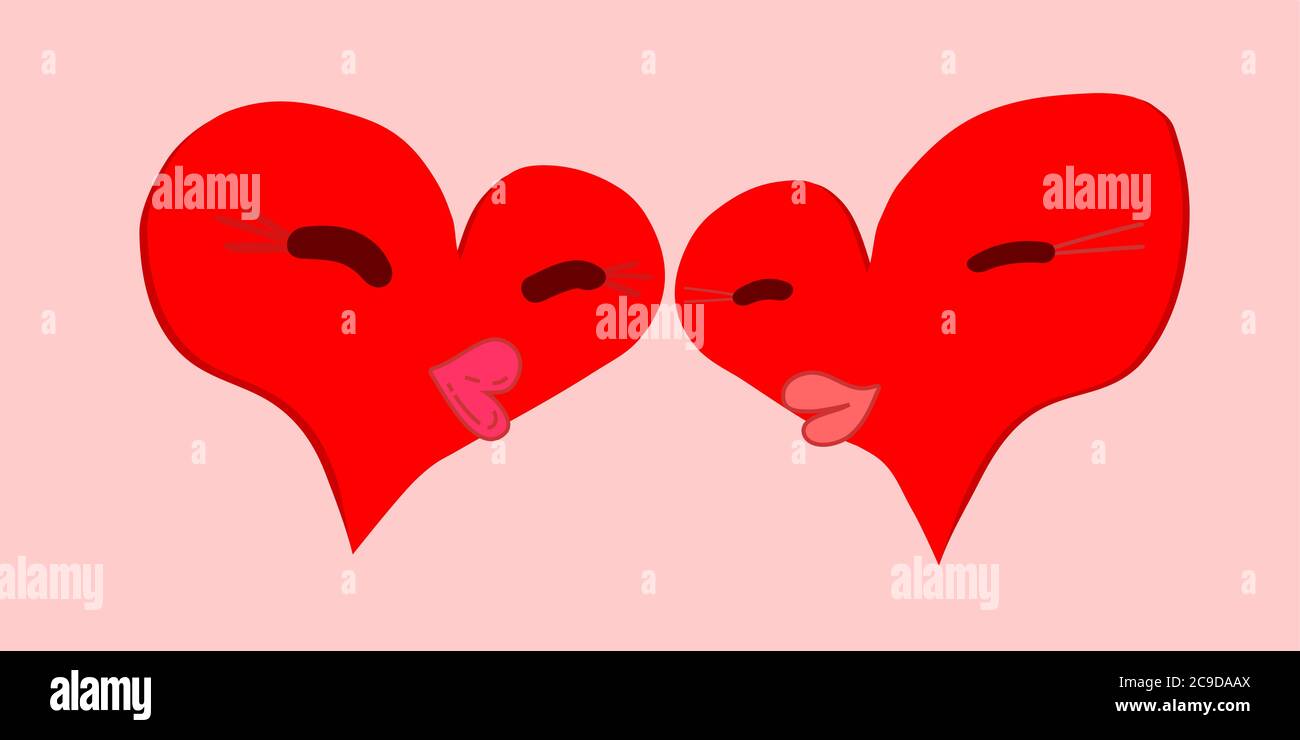 Kuss von zwei roten Herzen mit verengten Augen und geschwollenen Lippen Stock Vektor