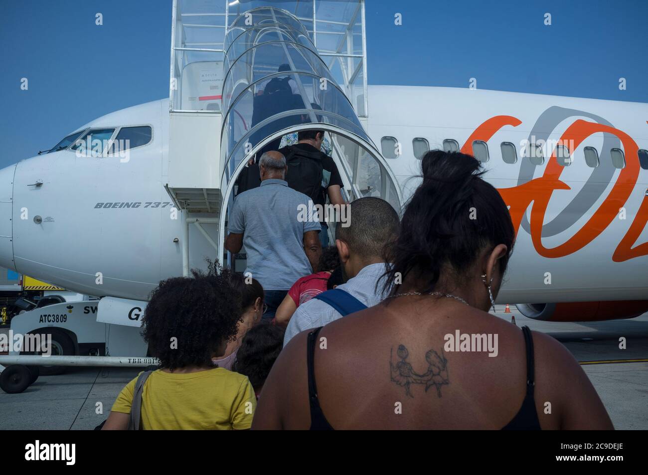 Reiseszene, Passagiere an Bord Flugzeug, Gol Airline Company, Rio de Janeiro, Brasilien. Stockfoto