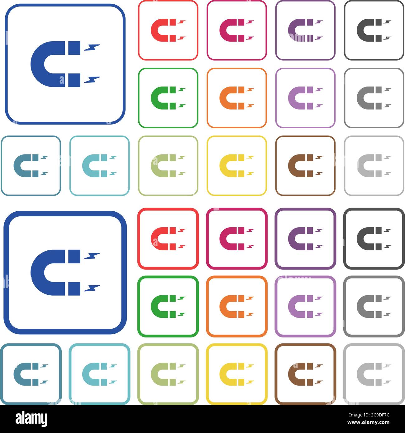 Hufeisen Magnet Farbe flache Symbole in abgerundeten quadratischen Rahmen. Dünne und dicke Versionen im Lieferumfang enthalten. Stock Vektor