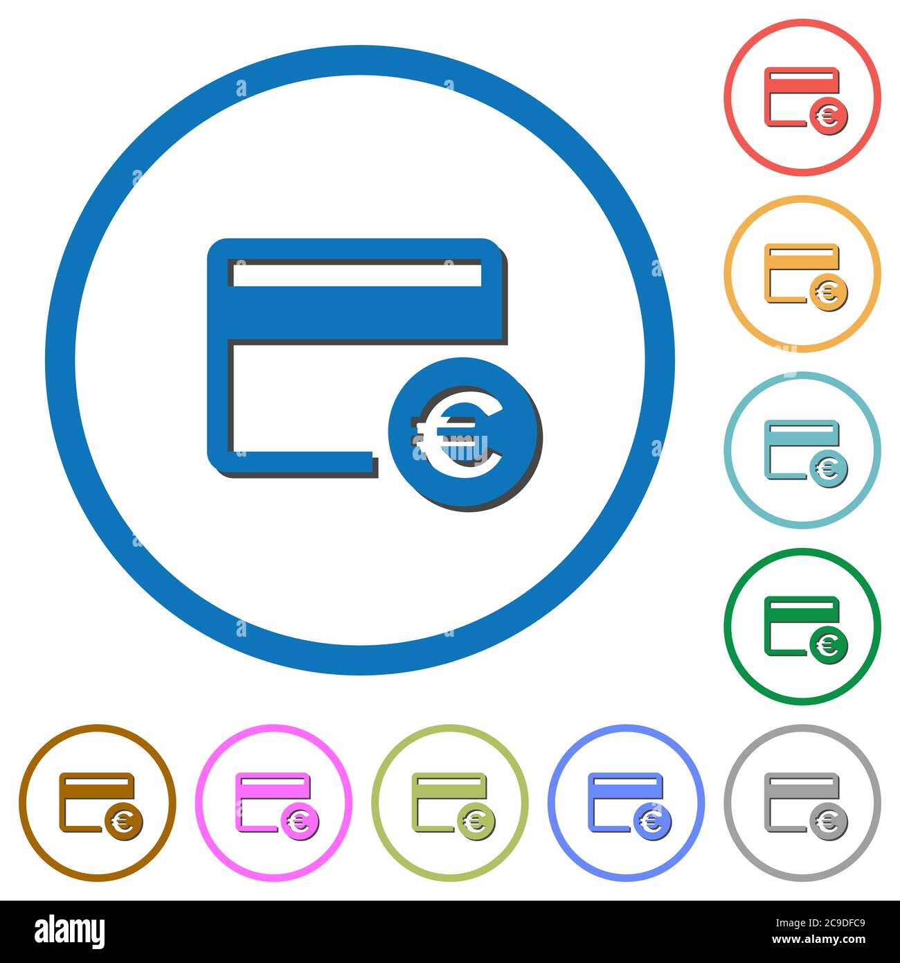 Euro Kreditkarte flache Farbe Vektor-Symbole mit Schatten in runden Umrissen auf weißem Hintergrund Stock Vektor