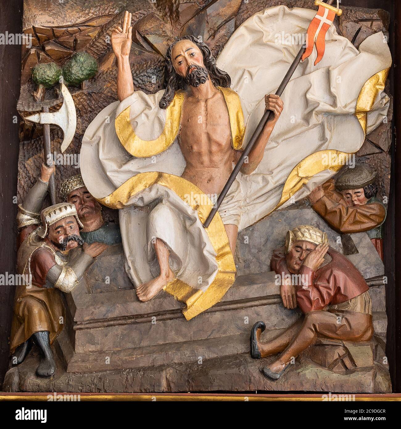 Die Auferstehung, Jesus erhebt sich aus dem Grab und die Soldaten schlafen, Altarbild vom Anfang des 16. Jahrhunderts, Hagemested, Dänemark, 16. Juli 2 Stockfoto