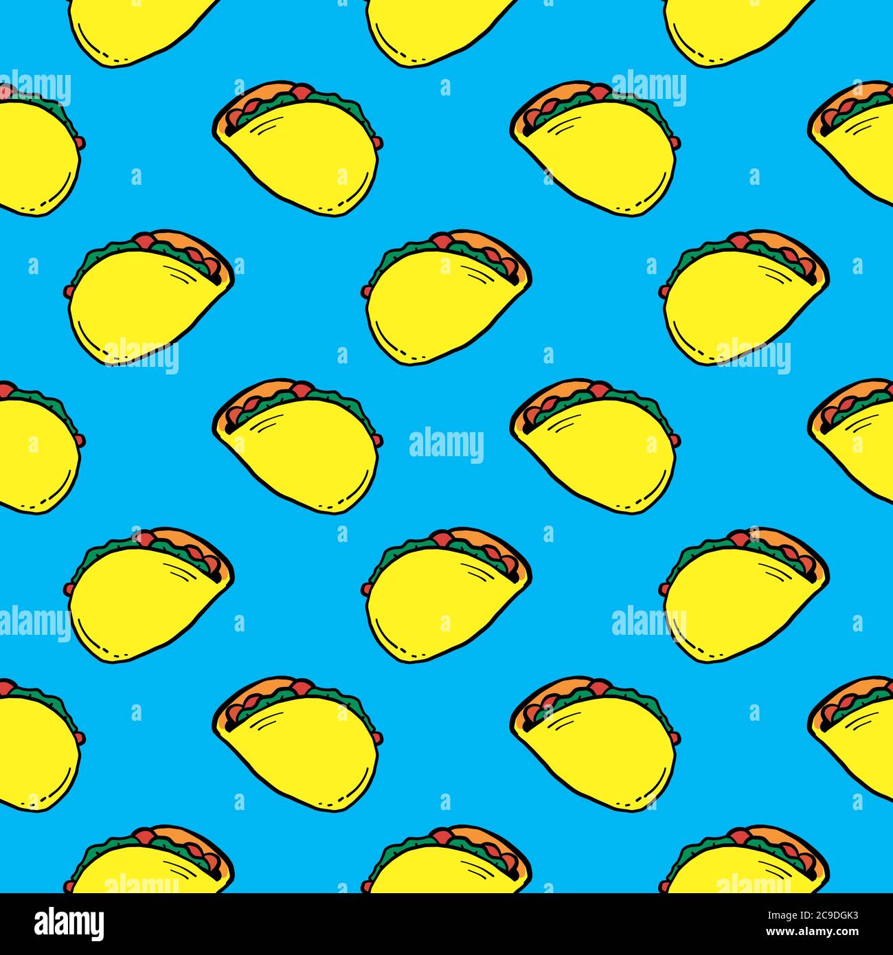 Einfaches Taco, nahtloses Muster auf blauem Hintergrund. Stock Vektor
