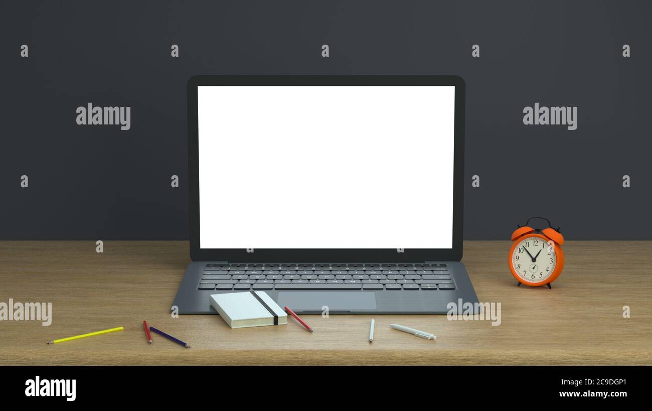 Zurück in die Schule mit Laptop, Notebook und Wecker auf Holz Student Schreibtisch Hintergrund Mock-up mit Kopierplatz auf leeren Laptop-Bildschirm. 3d-Rendering. Stockfoto