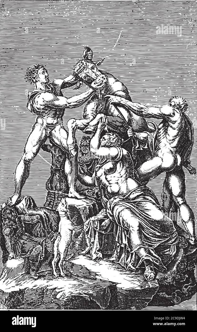 Dirce Skulptur gebunden an einen Stier, anonym, 1584 Antike Skulptur bekannt als der Farnese Bull. Die Brüder Amphion und Zethus binden Dirces geflochtene Haare zu t Stock Vektor