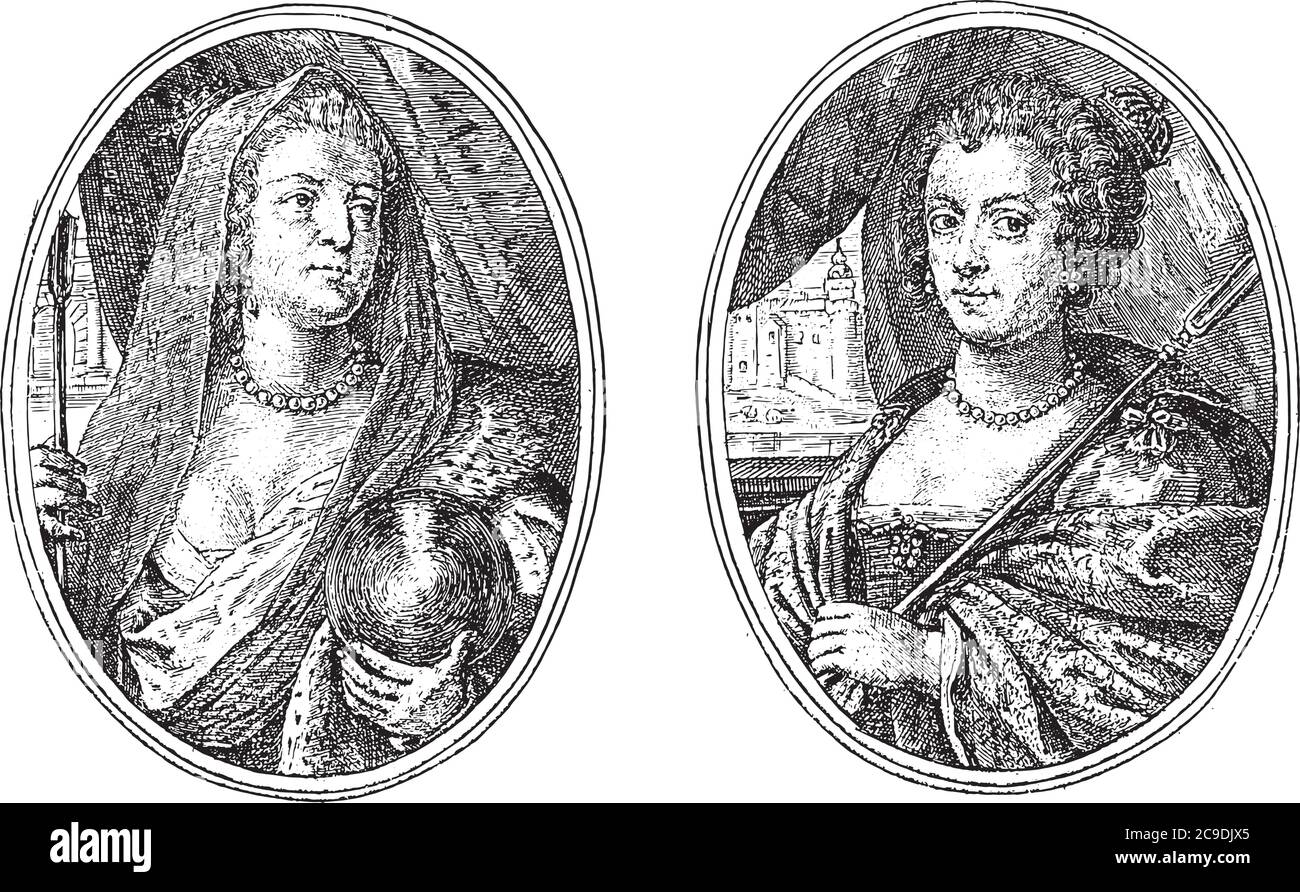 Zwei Darstellungen auf einem Albumblatt. Links das Porträt von Maria de 'Medici als Erd-Mutter Cybele, Vintage-Gravur. Stock Vektor
