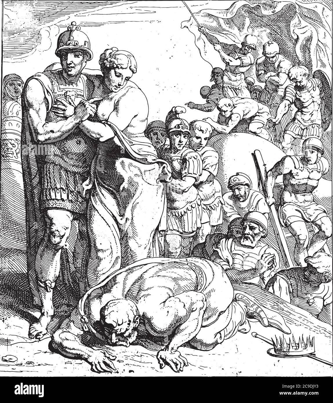 Rückkehr von Agamemnon und Cassandra nach Mycenae, Agamemnon kehrt nach Mycenae mit Cassandra als Kriegsbeute zurück, Vintage-Gravur. Stock Vektor