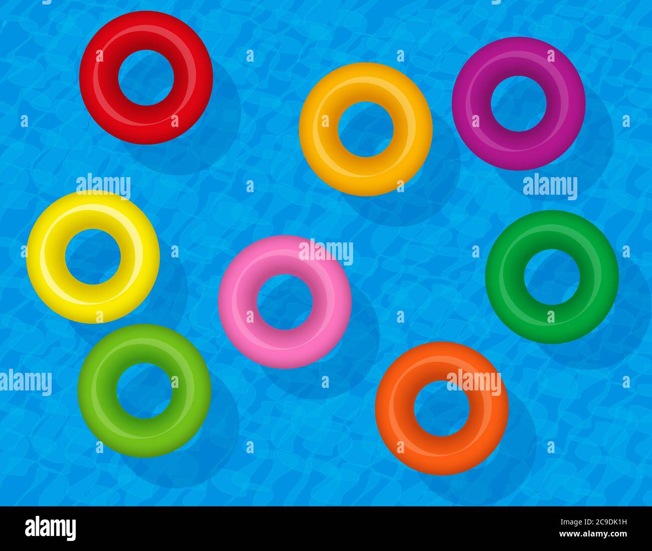Schwimmringe, bunte aufblasbare Wasserschläuche, farbige Rettungsschwimmer. Set von schwimmenden Kunststoff-Donuts auf blauem Wasser, Symbol für Gruppenreisen Spaß. Stockfoto