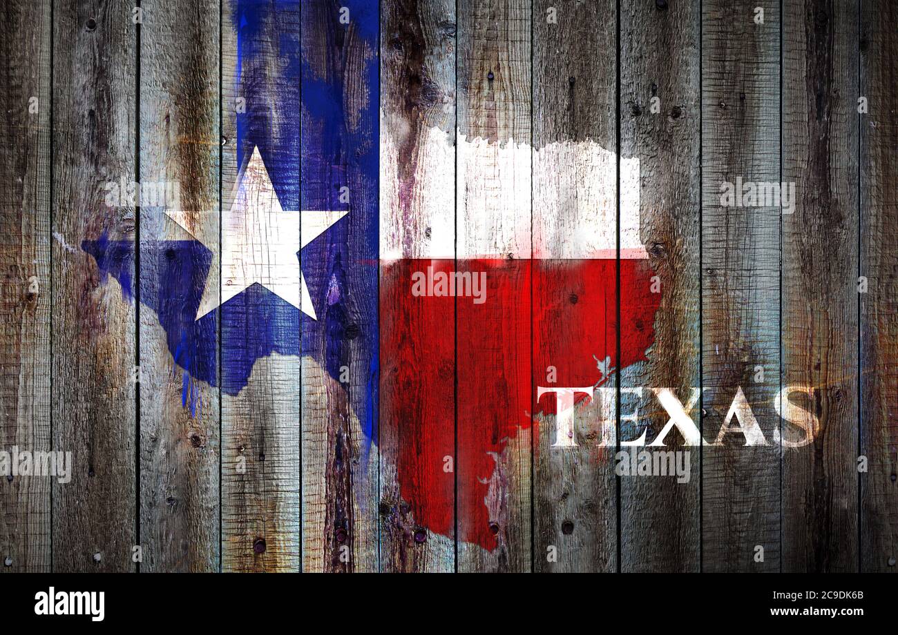 Texas Flagge und Karte auf alten Holzplanken Hintergrund Stockfoto