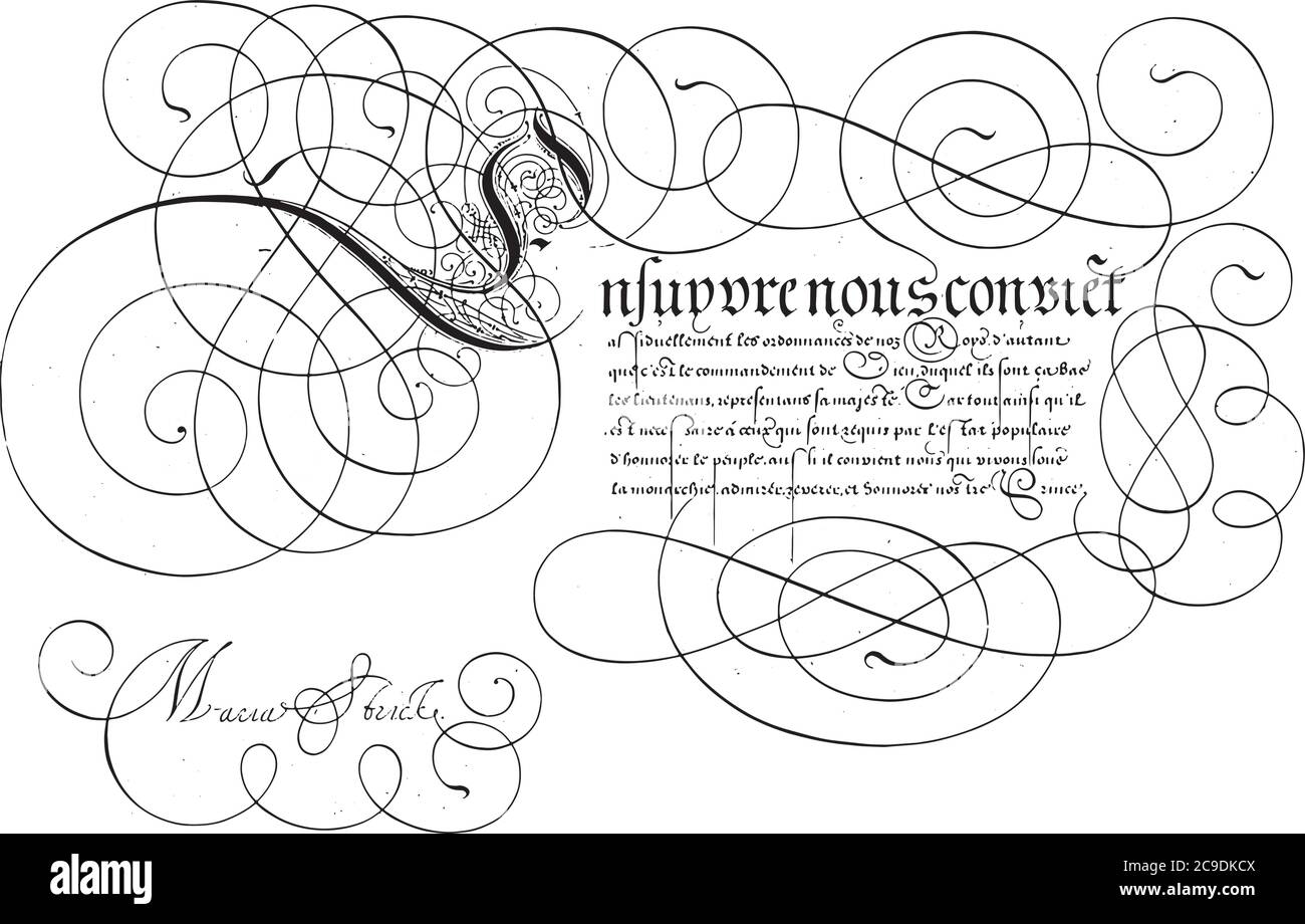 Schreibbeispiel mit Großschrift E, Hans Strick, 1618 Schreibbeispiel in Französisch mit Großschrift E und sieben Textzeilen, Vintage-Gravur. Stock Vektor