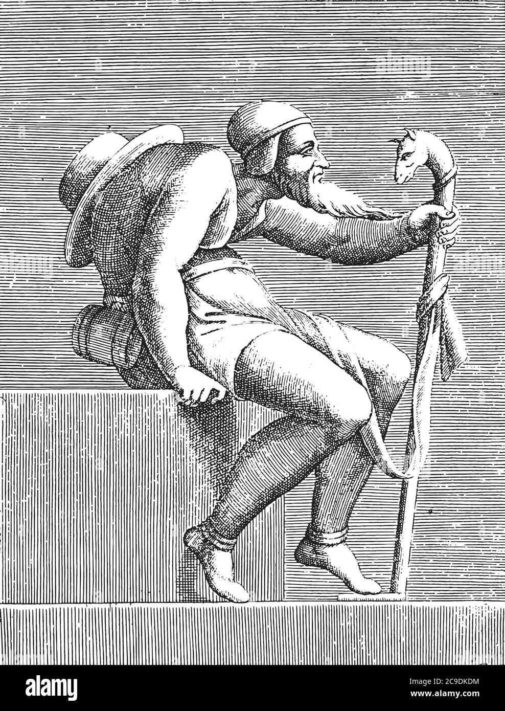 Sitzender Mann mit einem Buckligen, nach rechts gedreht. Er trägt einen Hut auf dem Rücken und hält einen Stock mit einem Tierkopf in der Hand, Vintage-Gravur. Stock Vektor