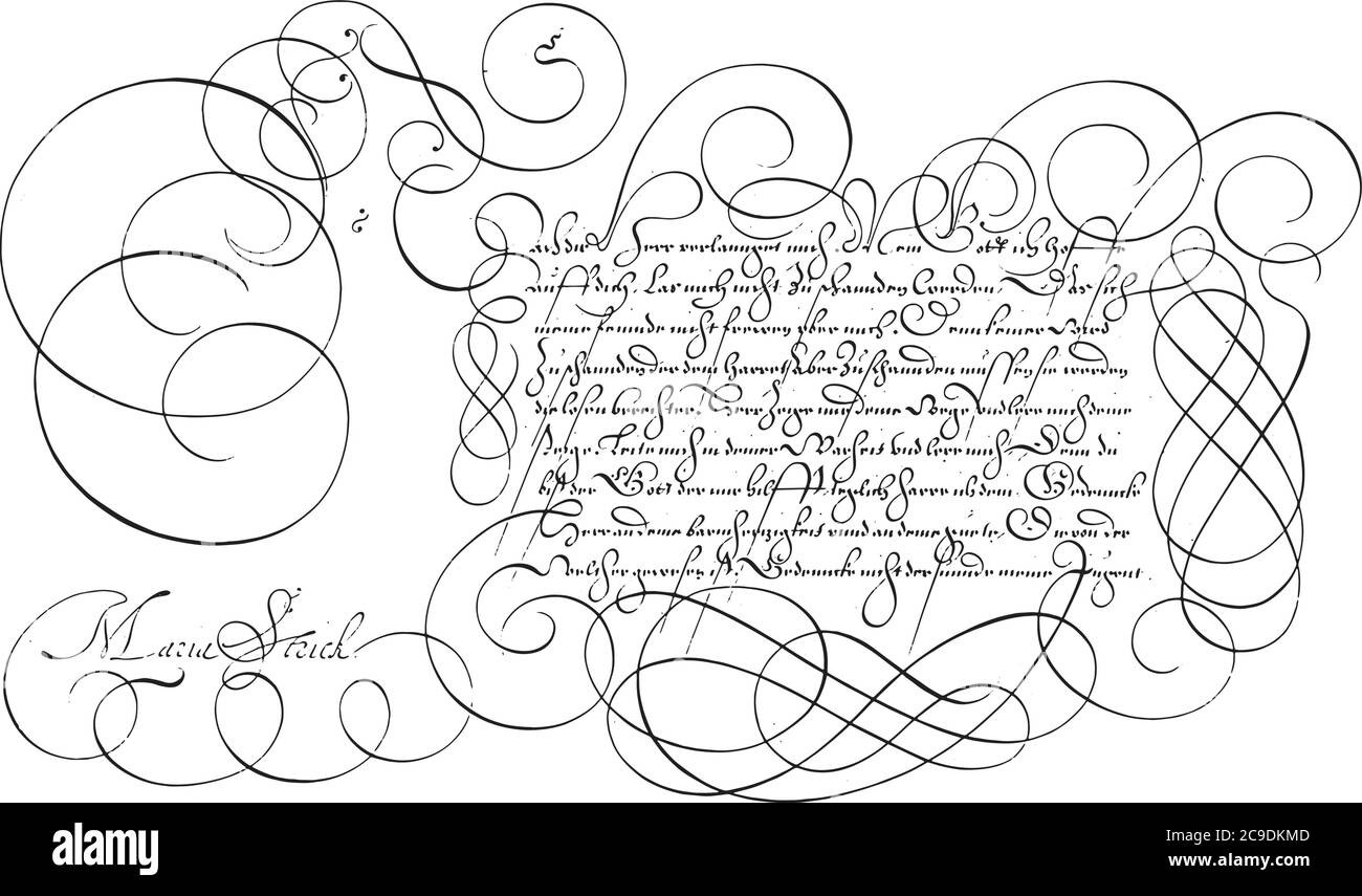 Schreibbeispiel mit Großschrift N, Hans Strick, 1618 Schreibbeispiel in deutscher Sprache mit Großschrift N und neun Textzeilen, Vintage-Gravur. Stock Vektor