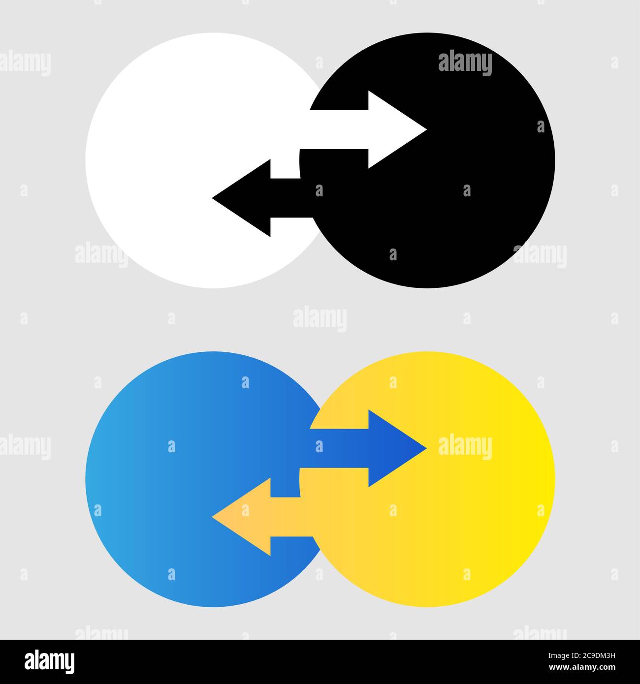 Symbol für Datenübertragung. Zwei Übertragungspfeile im Kreis. Schwarz-Weiß und Verlaufssymbol. Logo-Konzept übertragen Stock Vektor