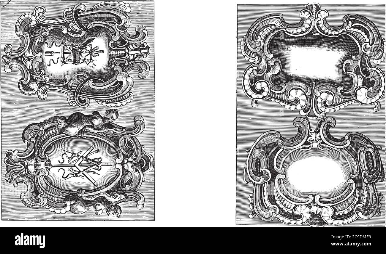 Zwei Darstellungen auf einem zweiteiligen Albumblatt. Zwei Kartuschen mit einem Lappen-Stil Rahmen auf jeder Performance. In den beiden Kartuschen auf der linken Seite Trophäen Stock Vektor