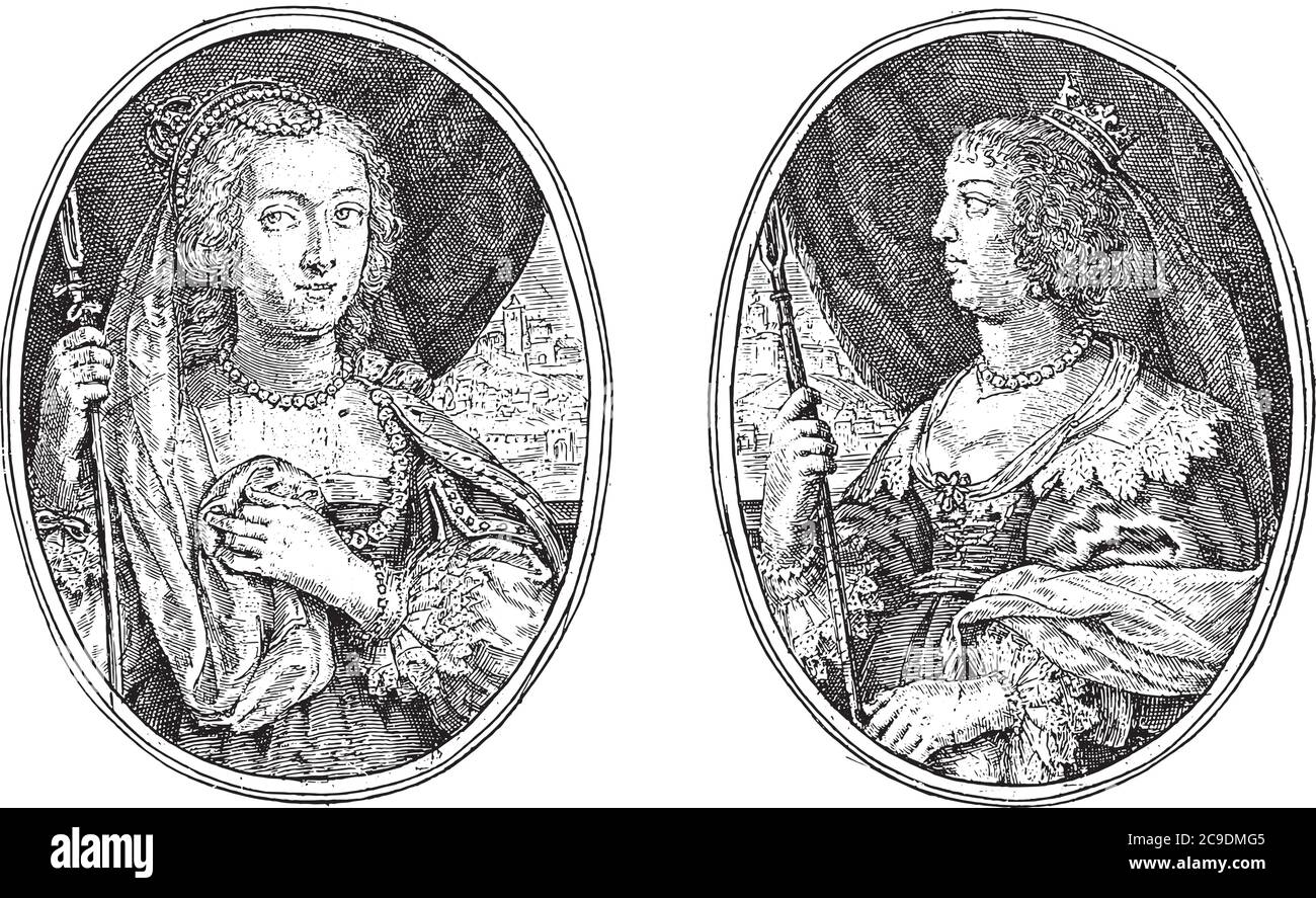 Zwei Szenen auf einem Albumblatt. Links das Porträt der Königin von Dänemark als Hesperida R.D. Rechts das Porträt von Maria de Nemours, Duches Stock Vektor