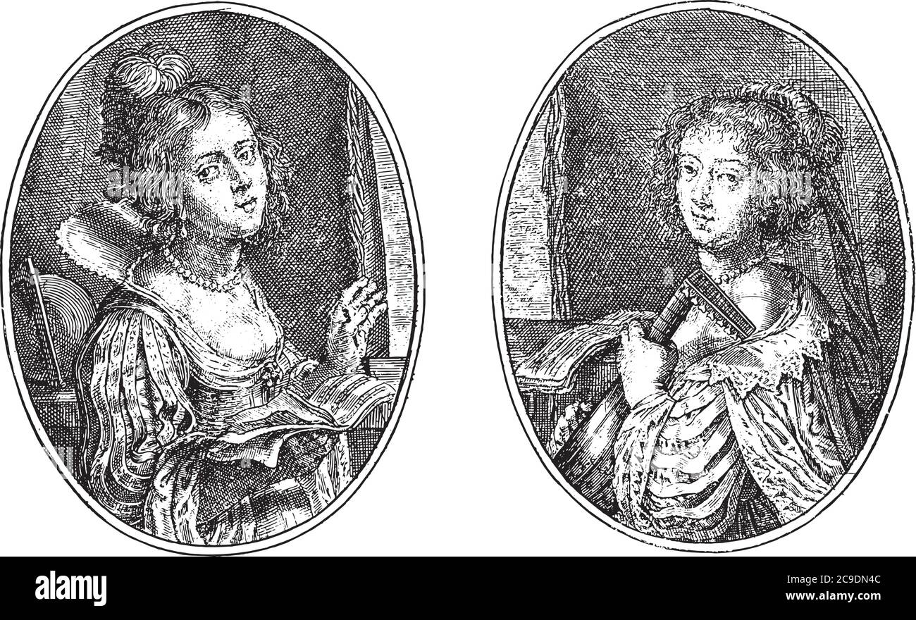Zwei Szenen auf einem Albumblatt. Links die Muse Erato neben einem Fenster, mit einem Musikbuch in den Händen. Rechts Terpsichore mit Laute und einem Musikbuch i Stock Vektor