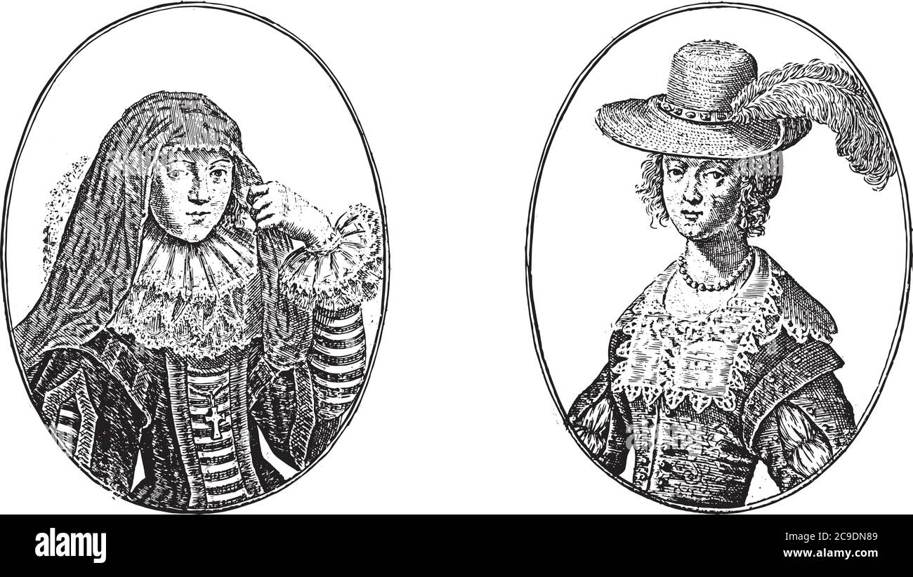 Zwei Darstellungen auf einer Albumseite. Links der Kurtisane Signora Isabella und rechts Schone Mayken (Maria), beide aus Brüssel, Jahrgang Stock Vektor