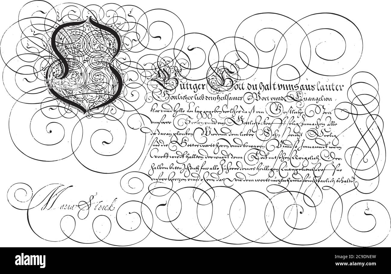 Schreibbeispiel mit Großschrift O, Hans Strick, 1618 Schreibbeispiel in deutscher Sprache mit Großschrift O und neun Textzeilen, Vintage-Gravur. Stock Vektor