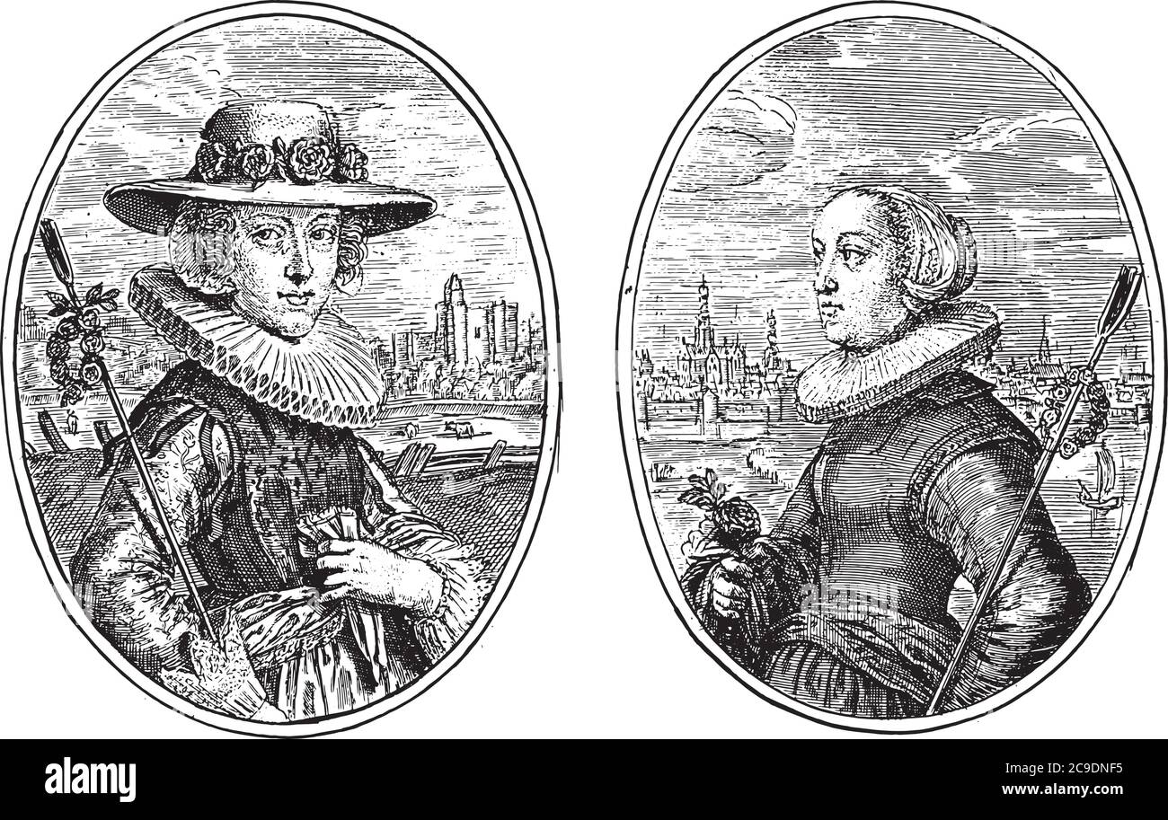 Zwei Darstellungen auf einer Albumseite. Porträts von zwei unbekannten Frauen aus Haarlem, beide mit Hirtenstab, als Falconetta H. und Anhela H., Jahrgang engr Stock Vektor
