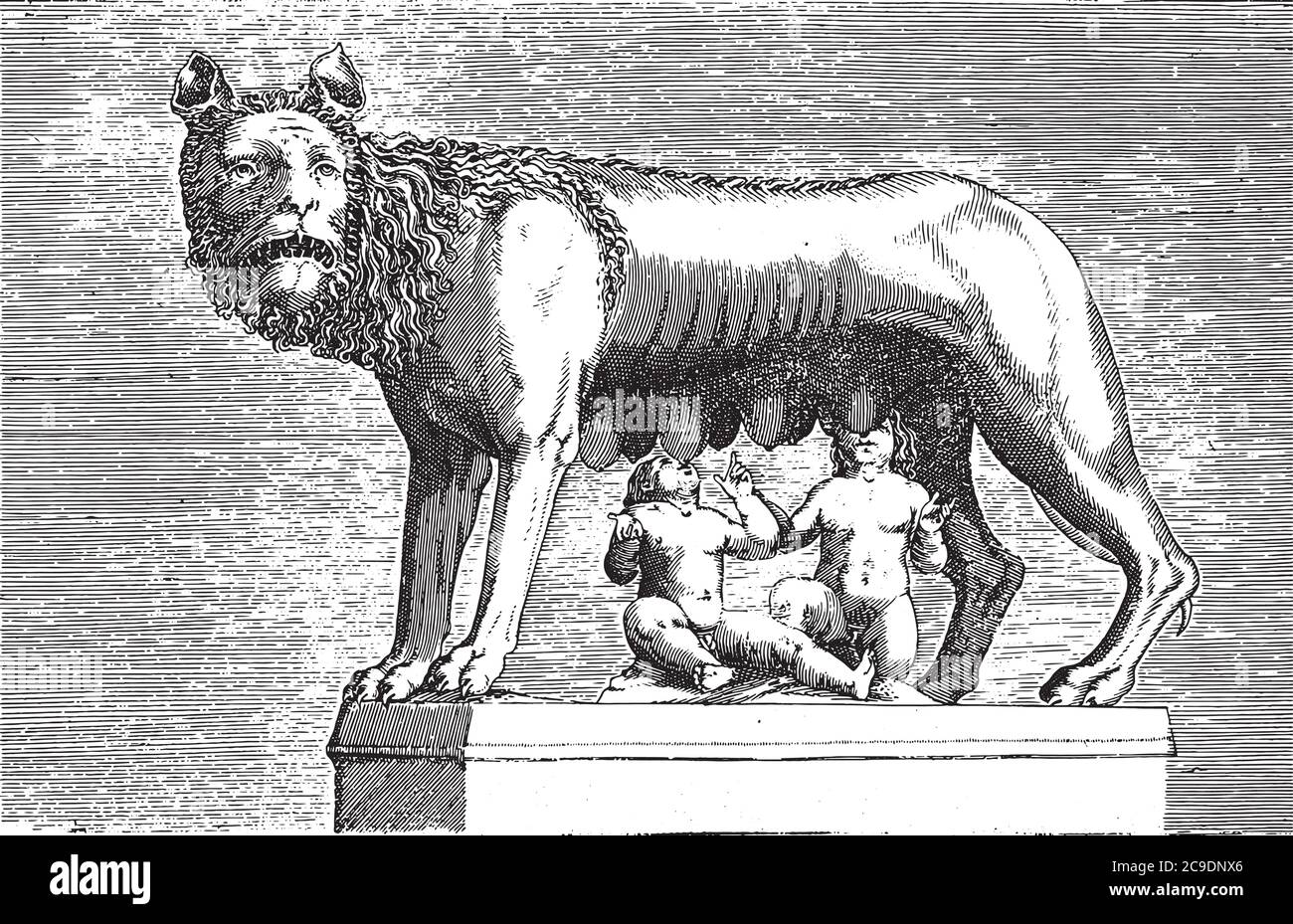 Skulptur der Lupa Capitolina, die die Zwillinge Romulus und Remus säugt, anonym, 1584, Vintage-Gravur. Stock Vektor