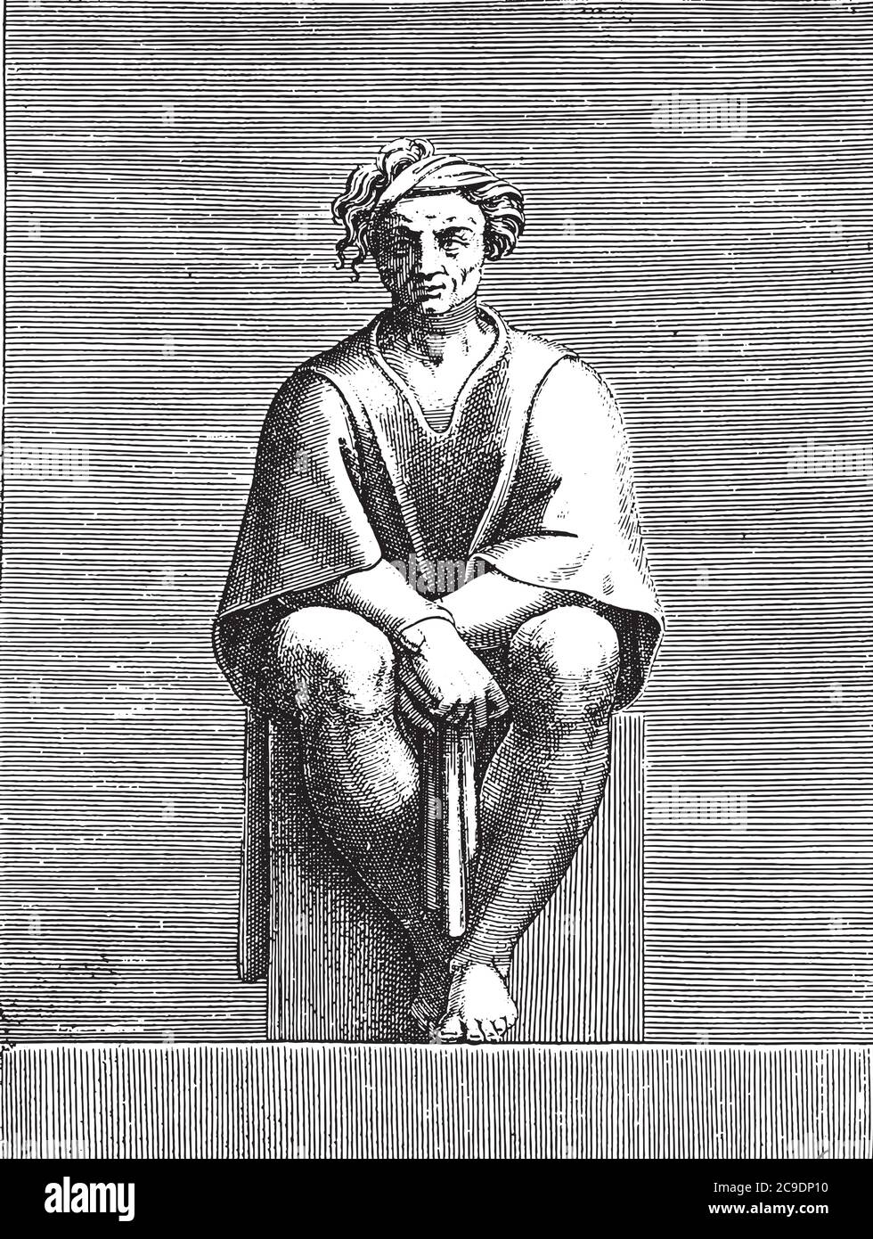 Sitzender Mann, Adamo Scultori, nach Michelangelo, 1585, Vintage-Gravur. Stock Vektor