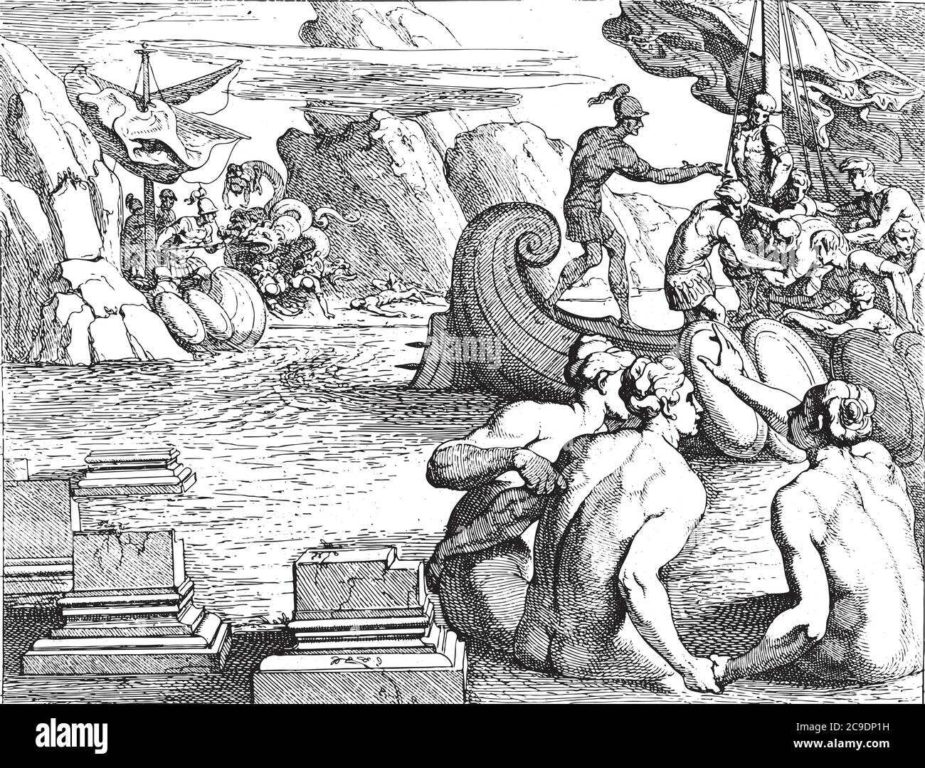 Odysseus und die Sirenen, Theodoor van Thulden, nach Francesco Primaticcio, nach Nicolo dell Abate, im Vordergrund die singenden Sirenen, die sailo Stock Vektor