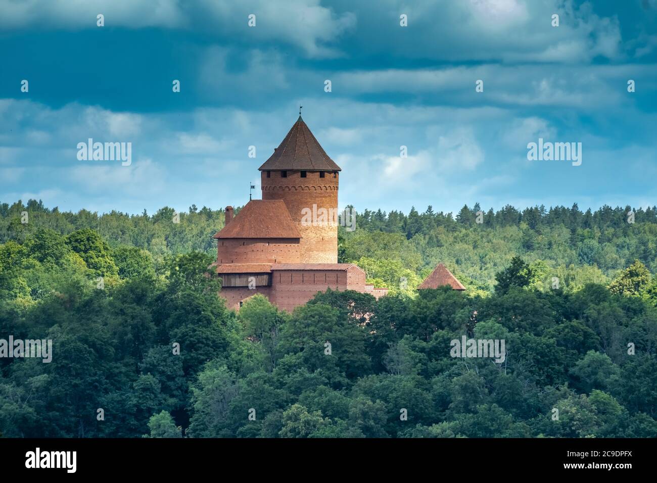 Die Burg Turaida, eine mittelalterliche Burg in Turaida, im Nationalpark Gauja in der Region Vidzeme in Lettland, am gegenüberliegenden Ufer des Flusses Gauja Stockfoto