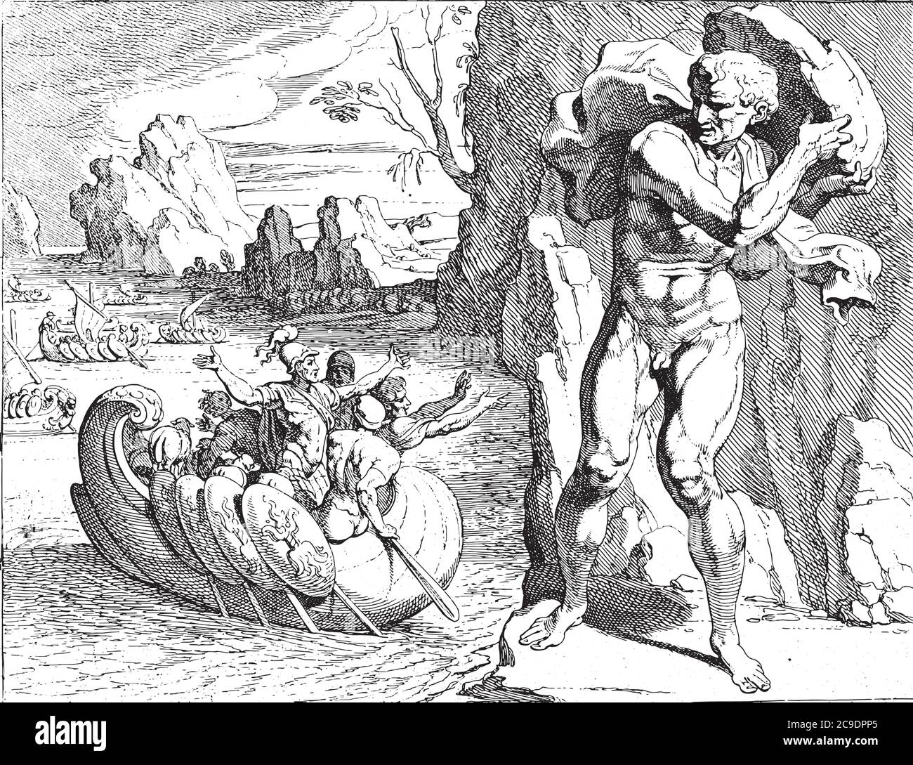 Polyphemus wirft einen Felsen auf das Schiff von Odysseus, der Riese Polyphemus wirft einen Felsen auf das abfahrende Schiff von Odysseus, Vintage Gravur. Stock Vektor