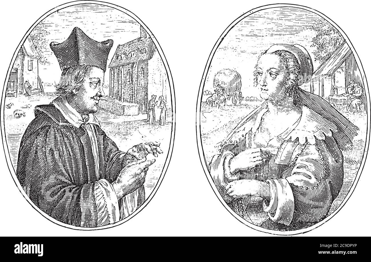 Zwei Darstellungen auf einem Albumblatt. Links ein fiktives Porträt eines Pastors. Im Hintergrund ein Hof und ein Kirchengebäude. Der Pastor ist Gespräch Stock Vektor