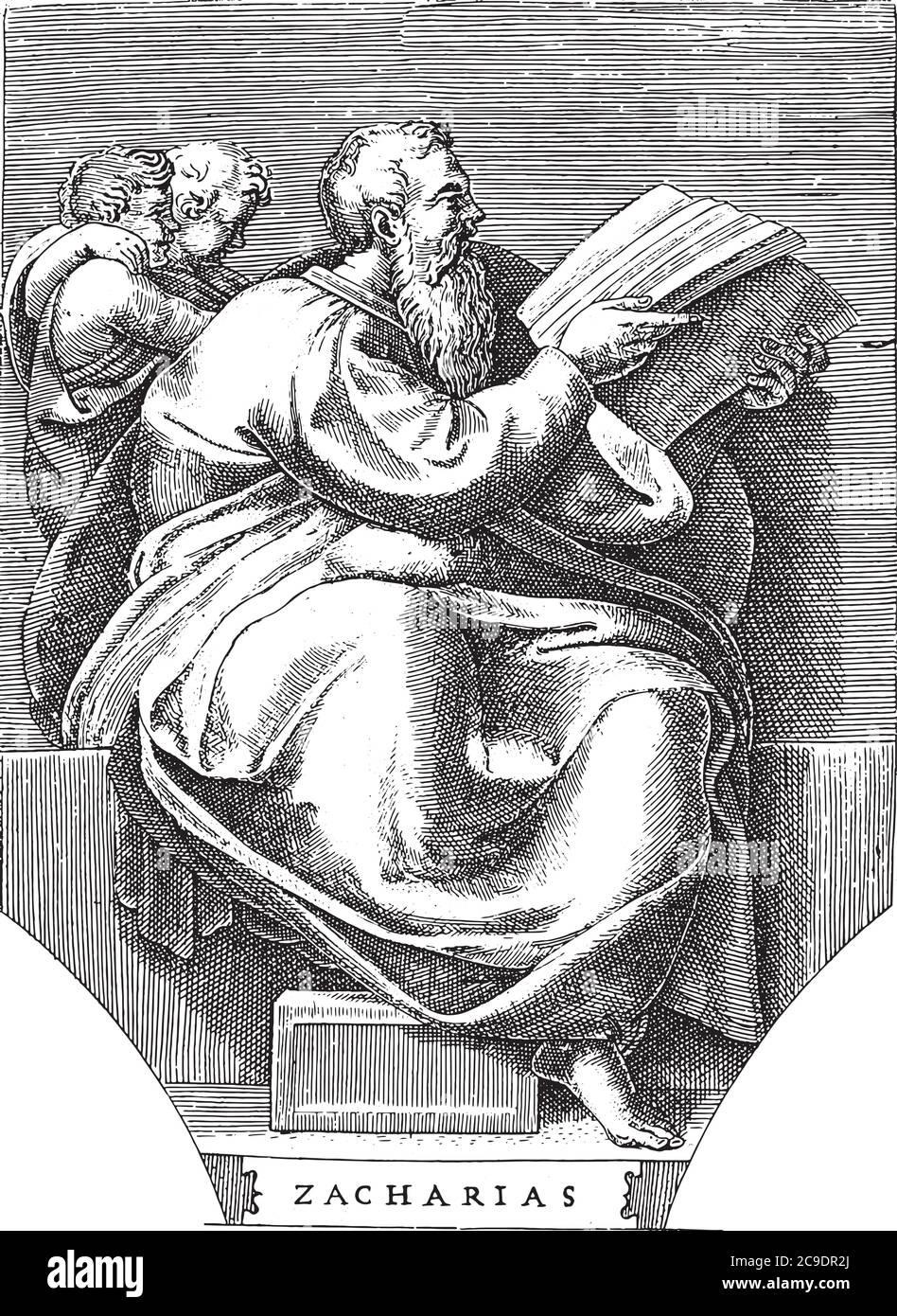 Prophet Sacharja, Adamo Scultori, nach Michelangelo, 1585 der Prophet Sacharja sitzt mit einem Buch in seinen Händen. Zwei kleine Figuren hinter dem Proph Stock Vektor