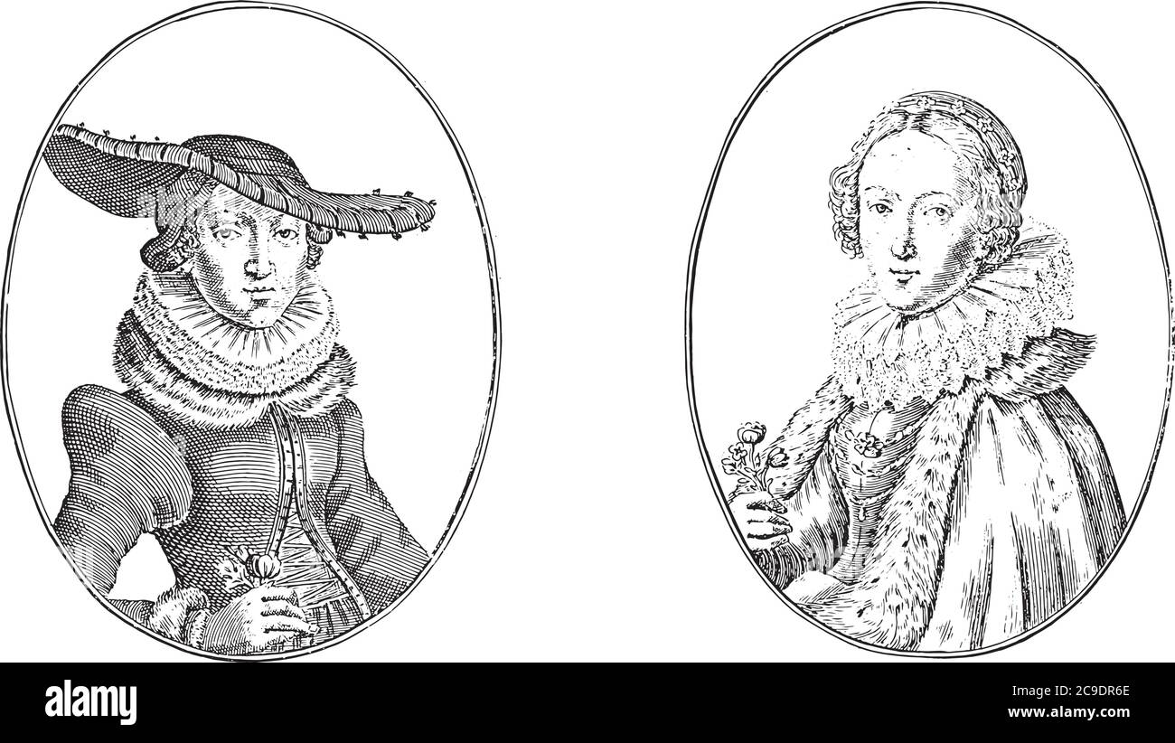 Zwei Darstellungen auf einer Albumseite. Links die Kurtisane Maria van Strasbourg und rechts die Metzgerfrau Catrijn van Praag, vintage engravi Stock Vektor