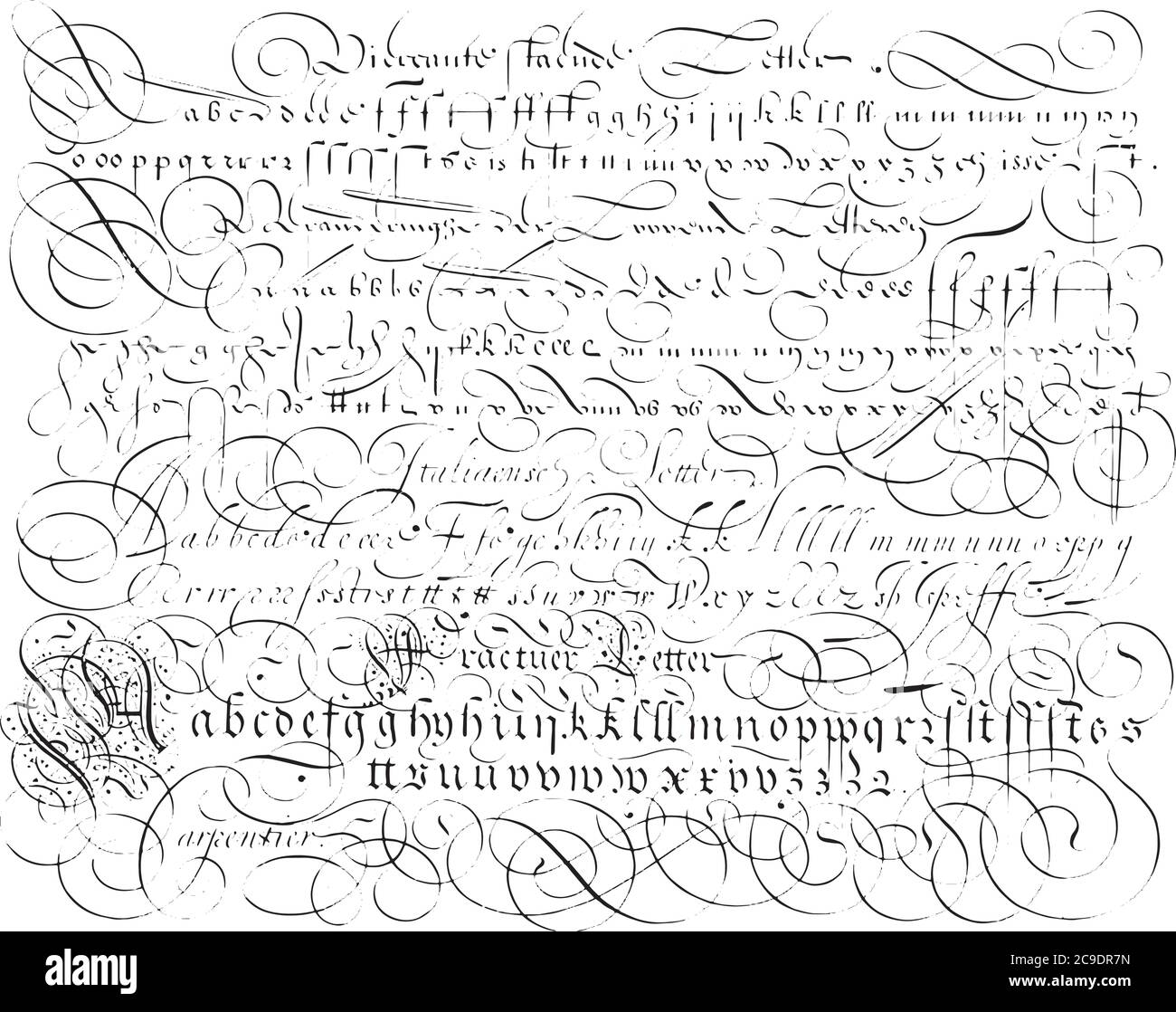 Schreiben Beispiel mit dem Alphabet, Lieven Willemsz. Coppenol, nach George de Carpentier, 1618 Schreibbeispiel mit dem Alphabet in vier verschiedenen fon Stock Vektor