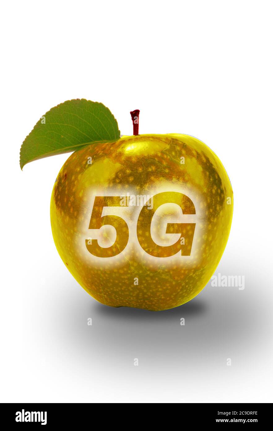 5 G Kommunikation mit goldenem Apfel. Stockfoto