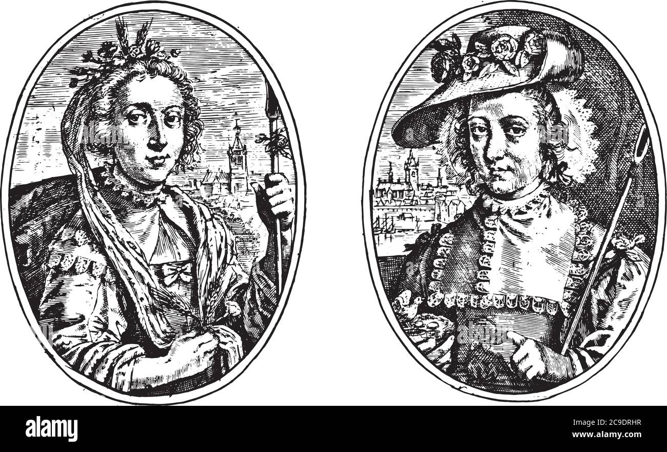 Zwei Darstellungen auf einer Albumseite. Porträts von zwei unbekannten Frauen, beide mit einem Hirtenstab, wie Sedruinea R. und Amarilea R. (Maria aus Rotterdam Stock Vektor